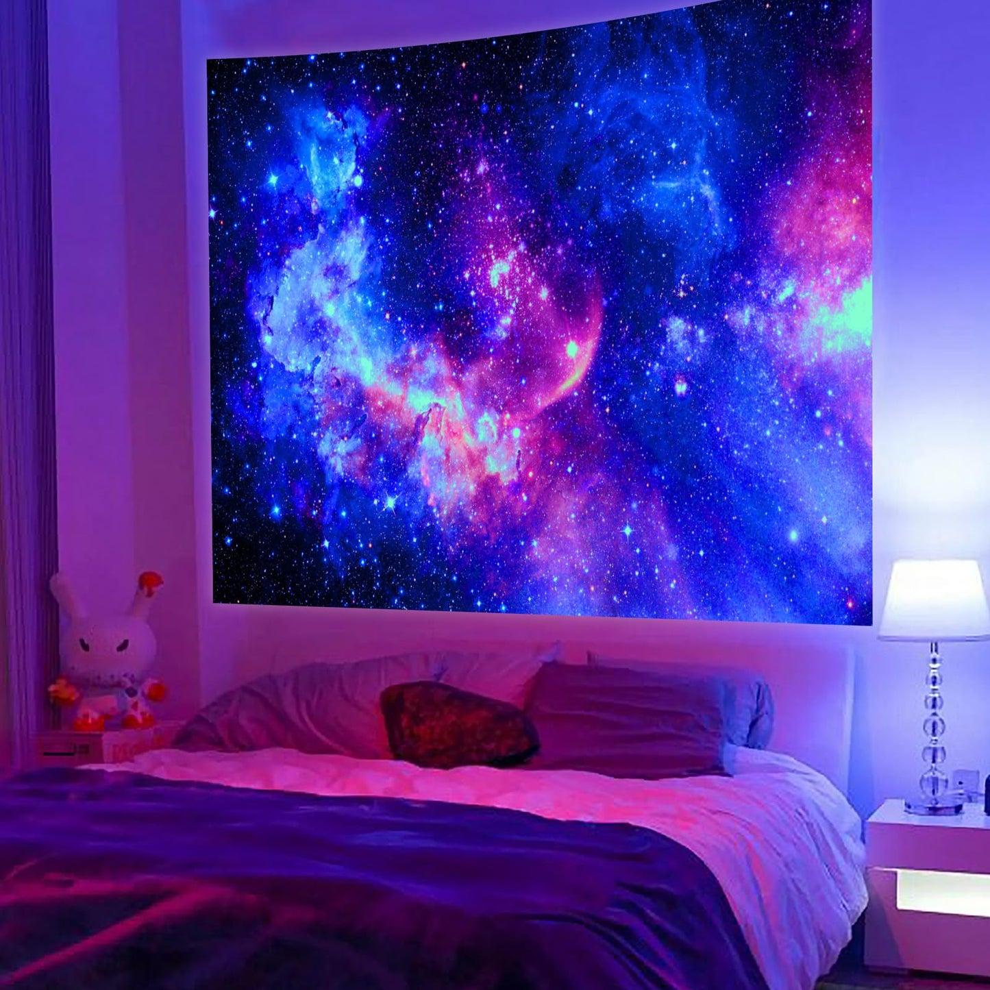 Blacklight Galaxy Tapestry for Bedroom Aesthetic Space Starry Sky Stars Universe Backdrop Black Light Poster Decor Wall Hanging Glow in the Dark Tapestry for Living Room Dorm Home Decoration(51"X60")