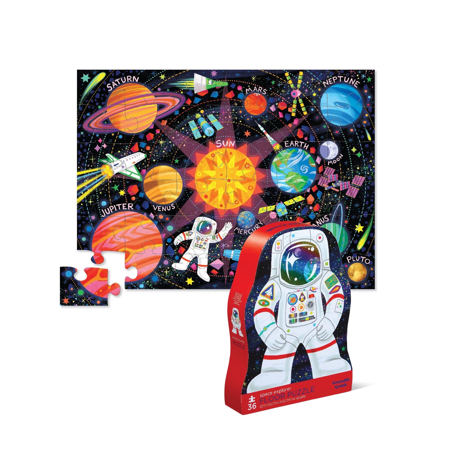 Crocodile Creek 36-Piece Jigsaw Floor Puzzle - Fun Floor Puzzles for Kids Ages 3-5 - Heavy-Duty Shaped Box for Storage - Space Explorer - 24" W x 18" H Finished