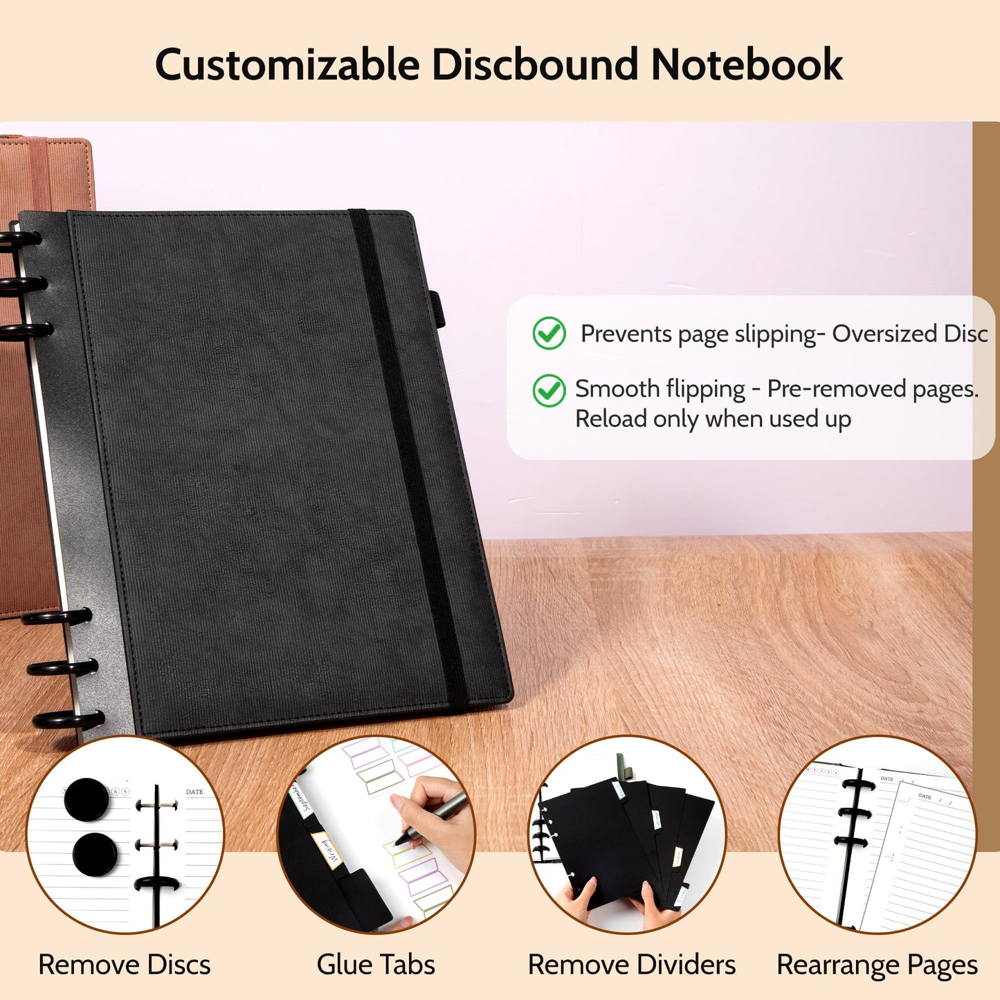 Yoment Refillable Notebooks for Work 5 Subject with Removable Dividers Tabs 240 Pages Hardcover Leather Journals for Writing Large Discbound Planner Colleged Ruled Paper for Men 8.58 x 11,Black