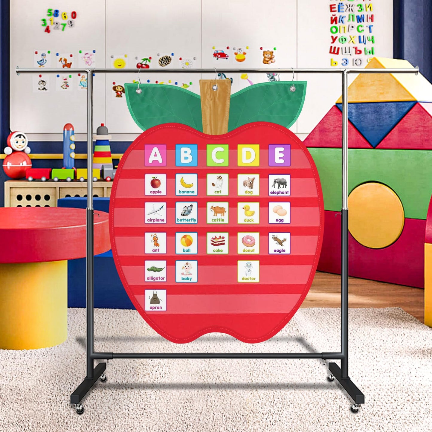 Large Pocket Chart for Classroom, 27 ½＂x 33 ⅞" Apple Shaped Hanging Pocket Charts for Kids, Back to School Supplies for Teacher, Pocket Charts with 6 Sentence Strips Holder (Red)