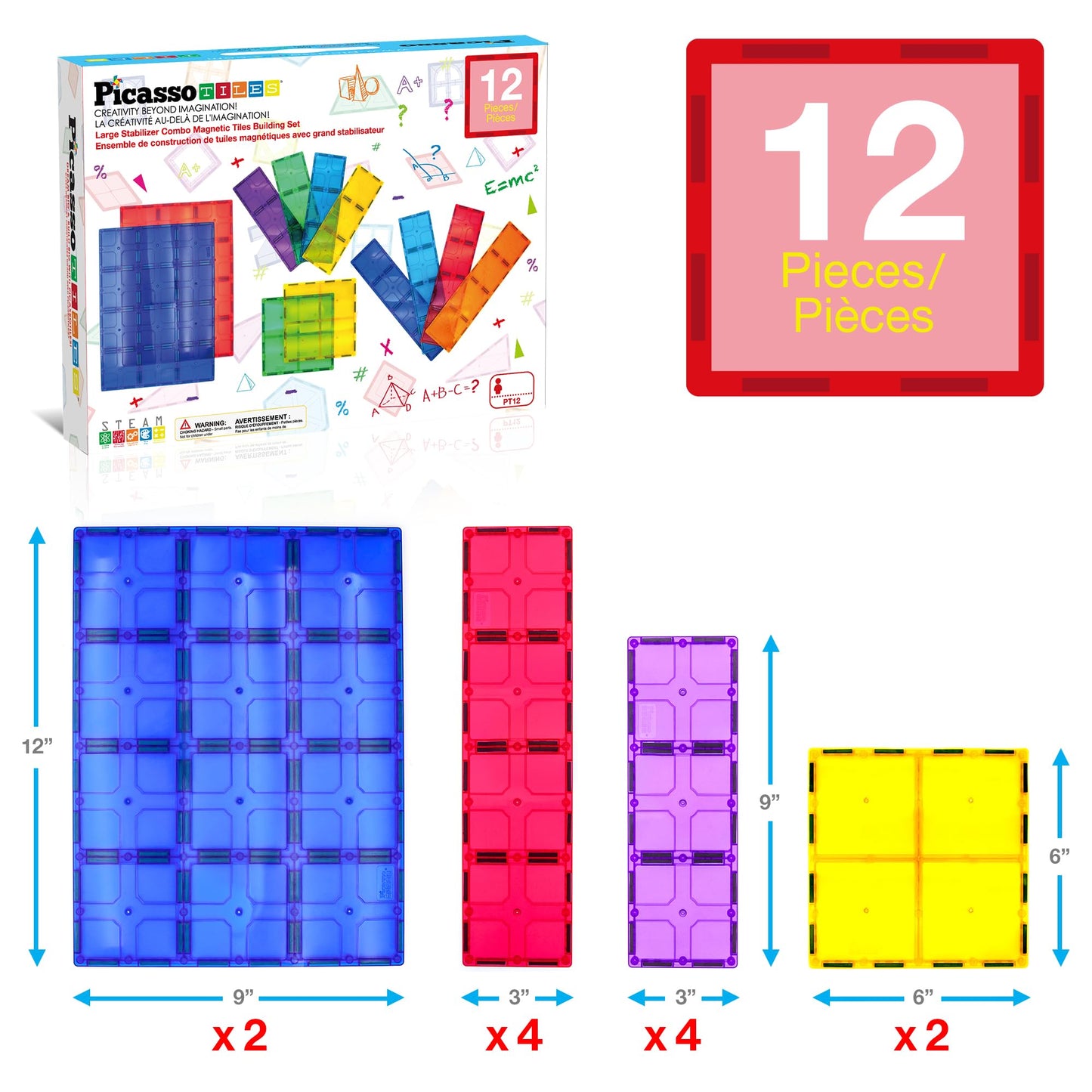 PicassoTiles 12pc Supersized Magnetic Building Tile Base Plate Jumbo XL Foundation Stabilizer Boards STEM Engineering Construction Kit for Kids Educational Learning Toy Magnet Blocks Stacking Set PT12