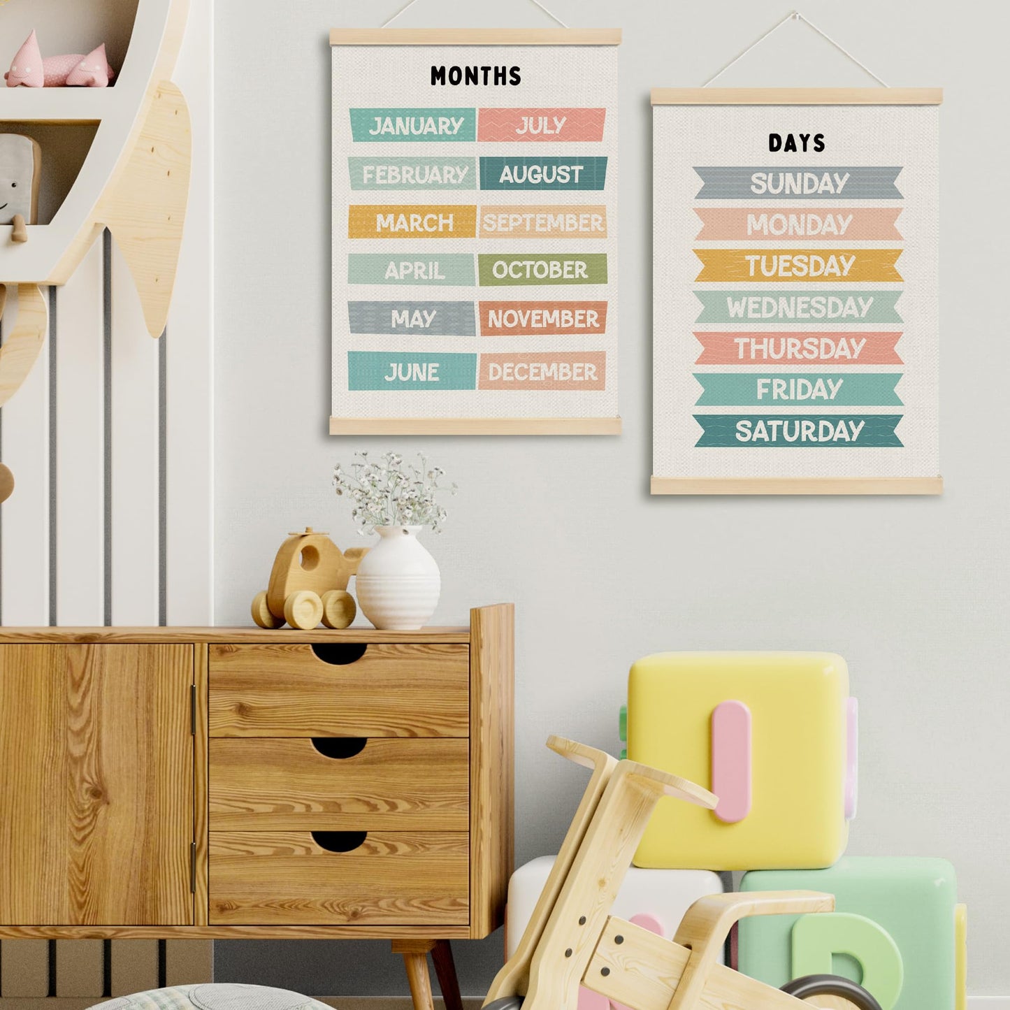 MOTERMATE Months of the Year Days of the Week Poster Hanger Frame, Nursery Wall Hanging Decor Art Framed for Kids Room Bedroom Playroom Classroom, Kids Nursery Wall Poster Prints, 12x16 Inch Set of 2