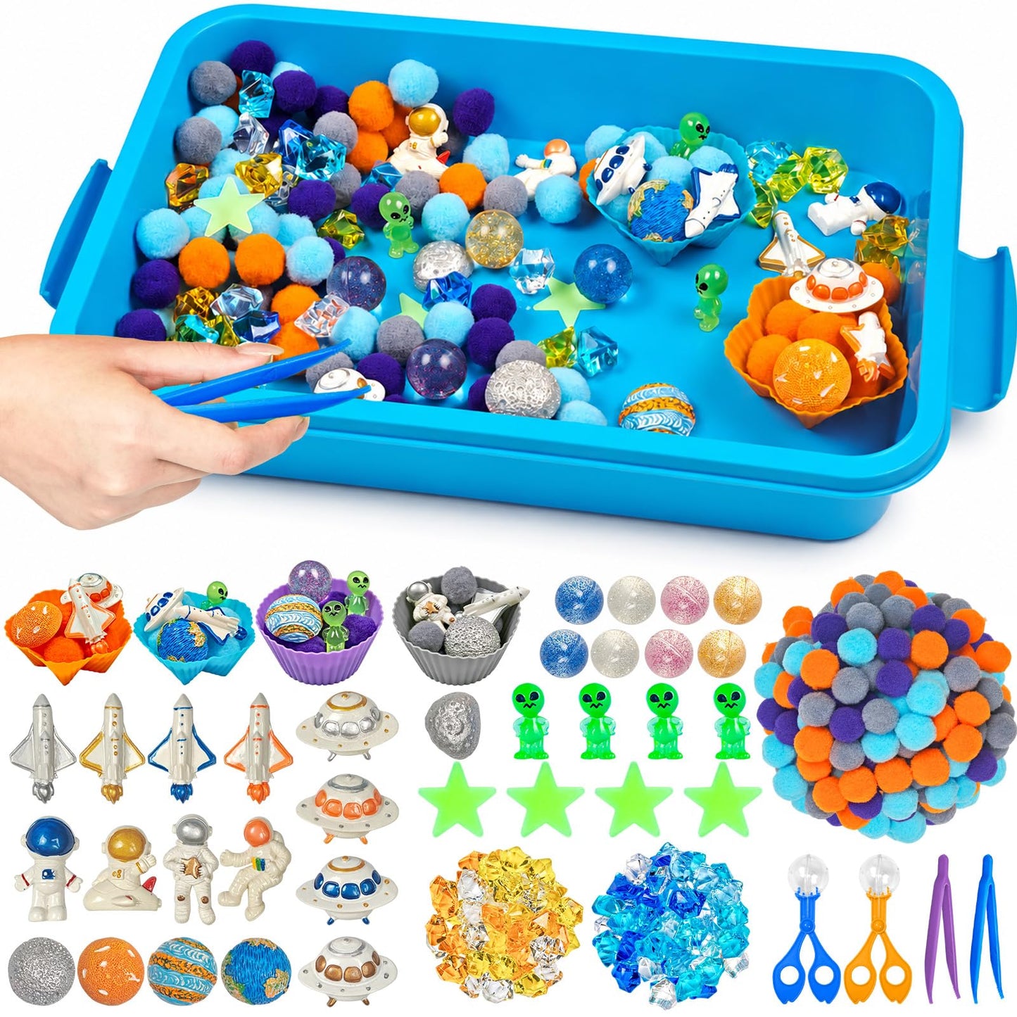 Cinrobiye 206 Pcs Outer Space Sensory Bin Fillers Set with Storage Box, Rocket Spaceship Astronaut Galaxy Accessories, Space Theme Activity Materials for Picnic Sensory Bins, Classroom Home Projects