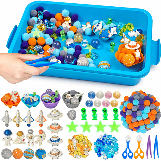 Cinrobiye 206 Pcs Outer Space Sensory Bin Fillers Set with Storage Box, Rocket Spaceship Astronaut Galaxy Accessories, Space Theme Activity Materials for Picnic Sensory Bins, Classroom Home Projects