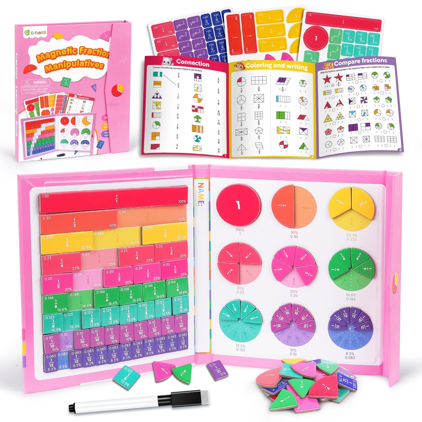 D-FantiX Magnetic Fraction Book, Magnetic Fraction Tiles & Fraction Circles Set, Math Manipulatives for Elementary School, Montessori Fraction Manipulatives Learning Tools for Kids