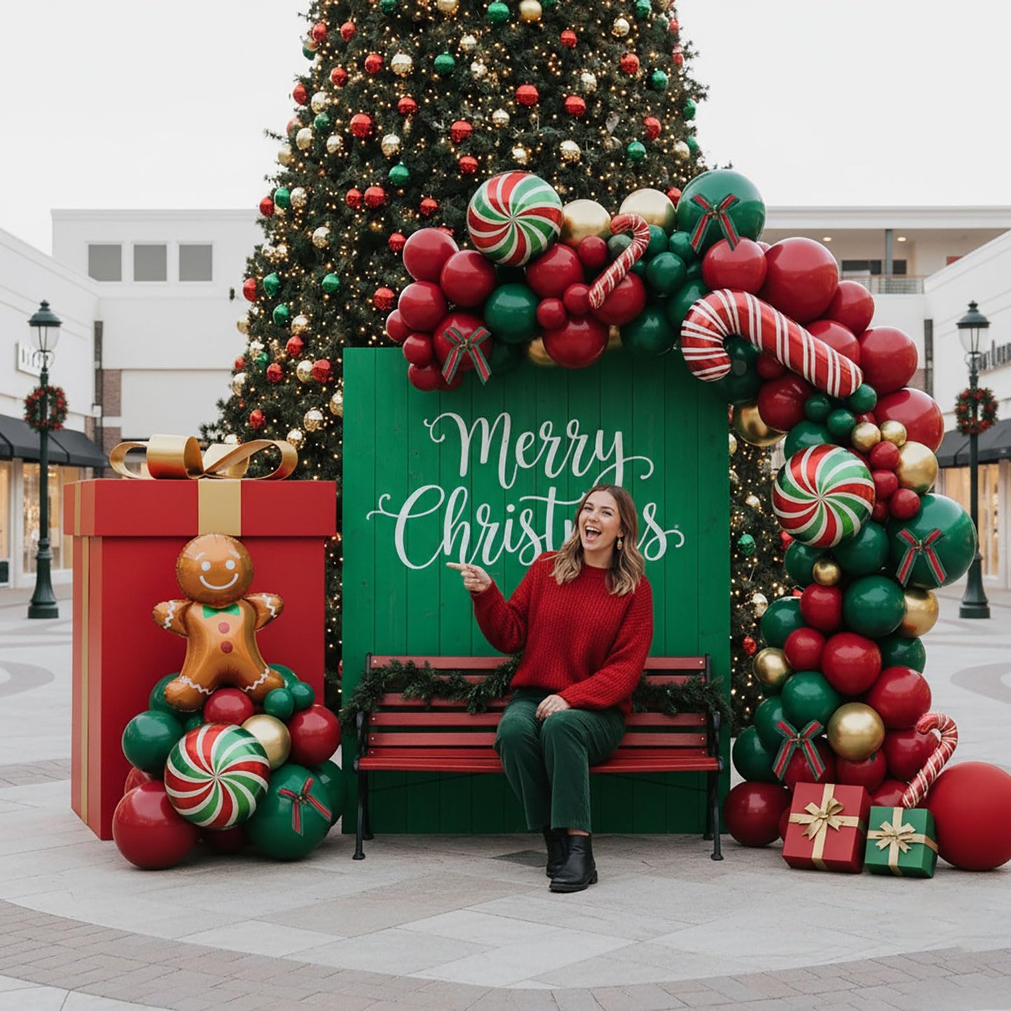 Christmas Balloon Garland Arch Kit with bow Xmas Gold Red Green Balloons Candy Cane Gift Box Gingerbread Man Foil Balloons for Christmas New Year Birthday Party Decorations
