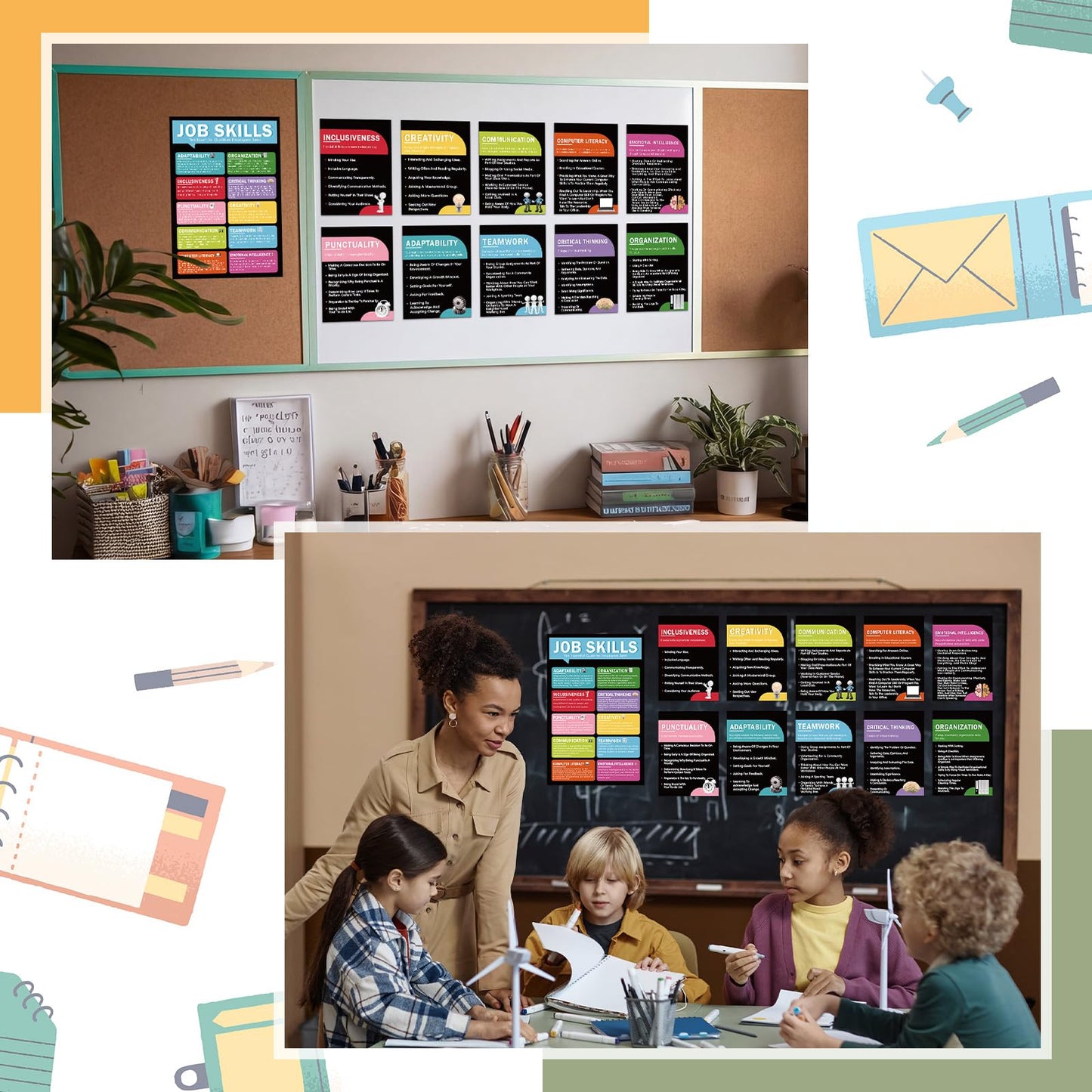 Fullhawl 11 Pcs Job Skills Posters Educational Bulletin Board Set for College School Classroom Decorations Essential Qualities Employers Seek Posters for Library Reading Corner Wall Supplies (Black)