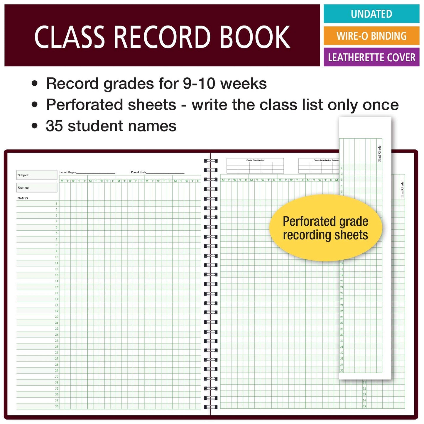 Class Record Book for 9-10 Weeks. 35 Names. Larger Grade Recording Squares. (R1035)