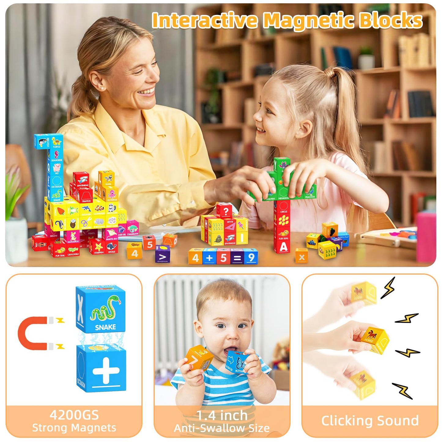 Magnetic Blocks for Toddlers 1-3, 1.4 inch Large Building Blocks Number ABC Learning Toys for 1 2 3 4 5+ Year Old Boys Girls Educational Montessori Toys for Preschool Activities 36PCS STEM Magnet Cube
