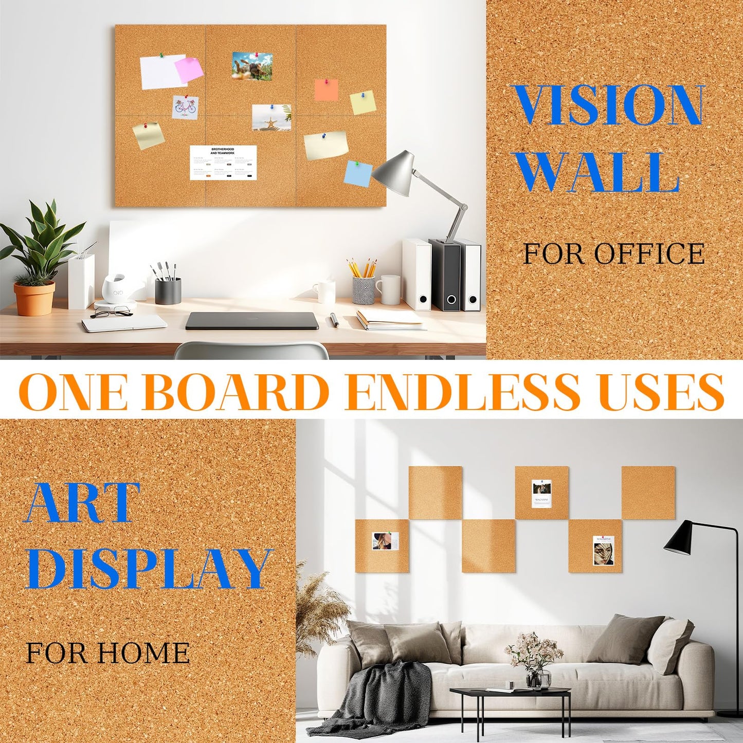 DOLLAR BOSS Cork Board Tiles, 6 Packs 12" x 12" 1/2" Thick Cork Bulletin Board Self Adhesive Corkboards for Walls with 60 Pushpins for Home Office Kitchen School Decor Display