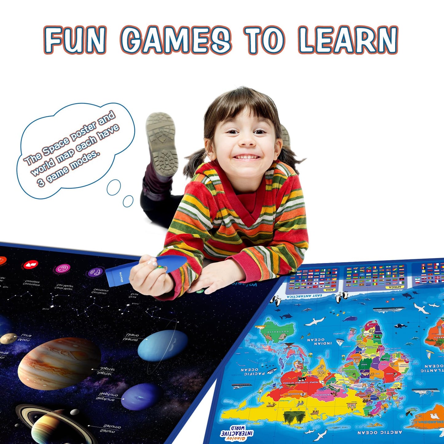 Qiaojoy Bilingual Interactive World Map for Kids Learning and Educational Toys, Talking Electronic Kids World Map i-Poster Geography Games Ages 3 to 12 Years Old, Custom Talking Birthday Gifts Card