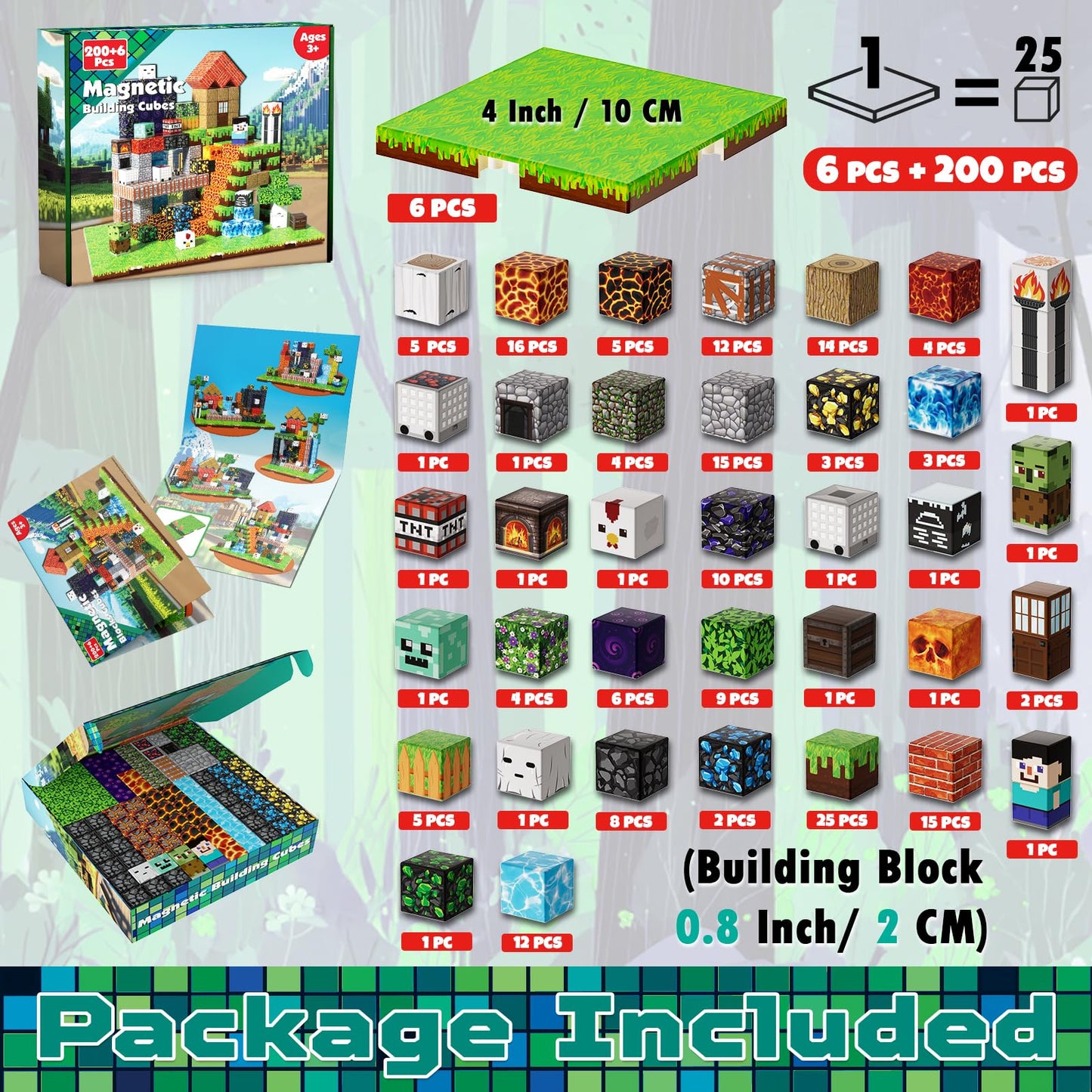 200PCS Magnetic Building Blocks with 6 Base Plate, Magnetic Blocks Cubes for Kids Ages 4-8, Stacking Magnet Blocks STEM Building Toys for Boys Girls Ages 3 4 5 6 7 8-12 Christmas Birthday Gifts