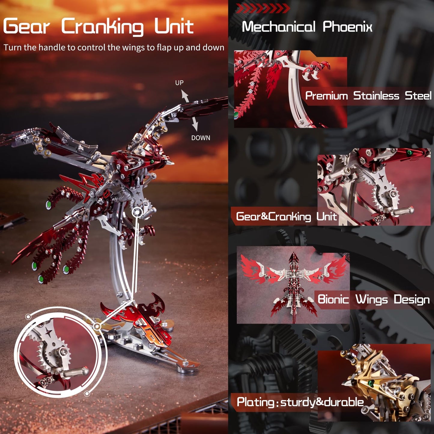 OreilleStar 3D Metal Ornithopter Puzzles for Adults Model Kits DIY Assembly Mechanical Phoenix Stainless Steel Animal Bird Toy Building Block Birthday Gifts for Men Women (Red Phoenix)