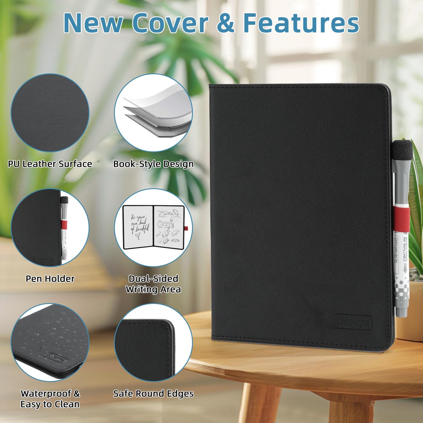 iNenya A5 Pocket White Board - Double-Sided Dry Erase Board 8x6 inch - Ultra-Thin 0.3" Portable Whiteboard with Markers & Erase | Anti-Ghosting Surface for Office Home School Student(Double-A5 Black)