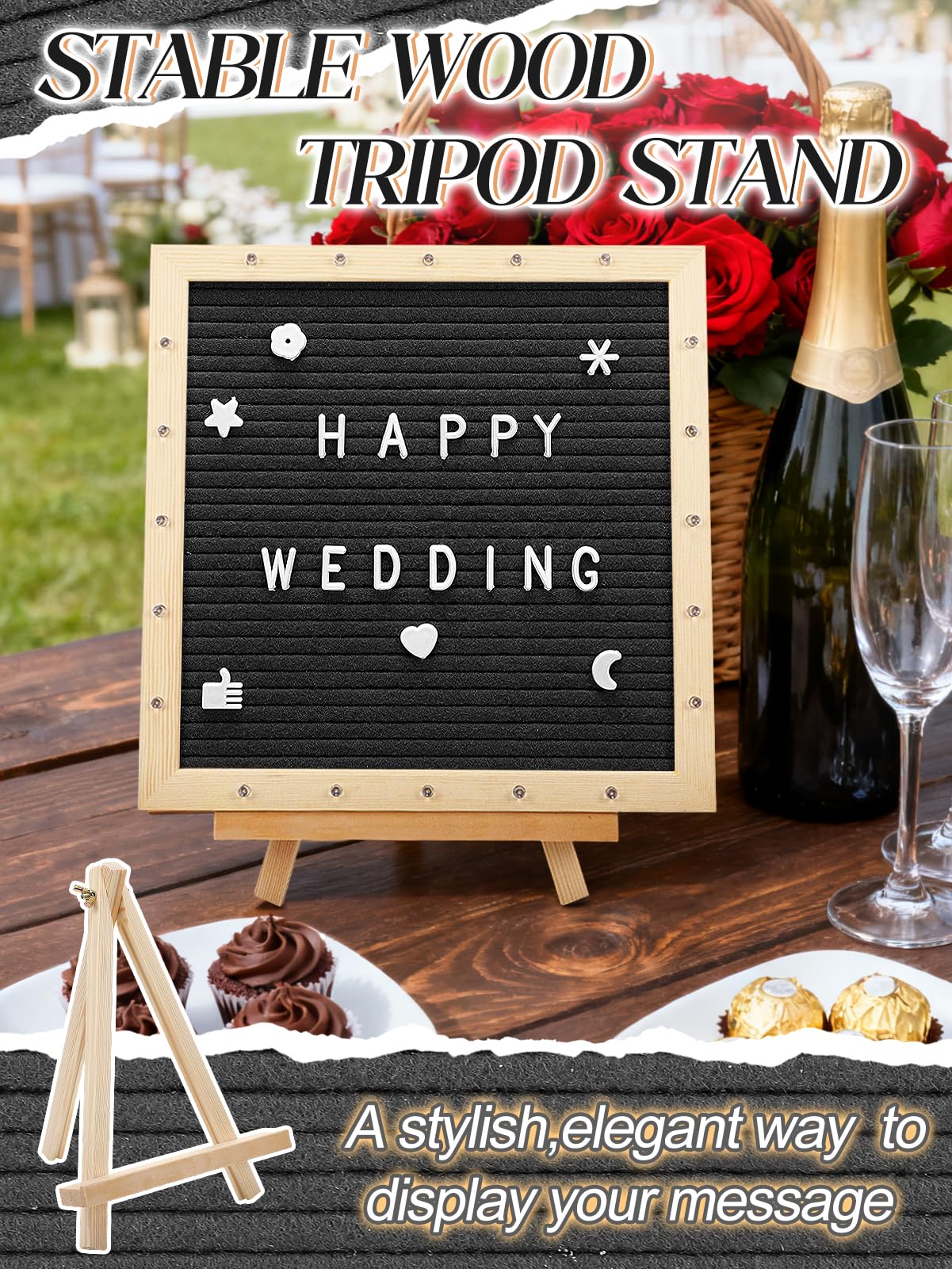 Felt Letter Board with LED Lights - 10 ×10" Custom Message Board with Changeable Letters & Stand, First Day of School Sign/Graduation/Pregnancy/Baby Announcement/Wedding/Classroom Decor, Black