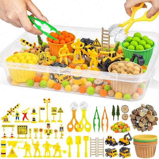 Cinrobiye 150 Pcs Construction Theme Activity Fillers Set with Storage Box, Engineering Vehicle Accessories, Road Signs, Tools, Building Materials and Sorting Supplies for Classroom Activities
