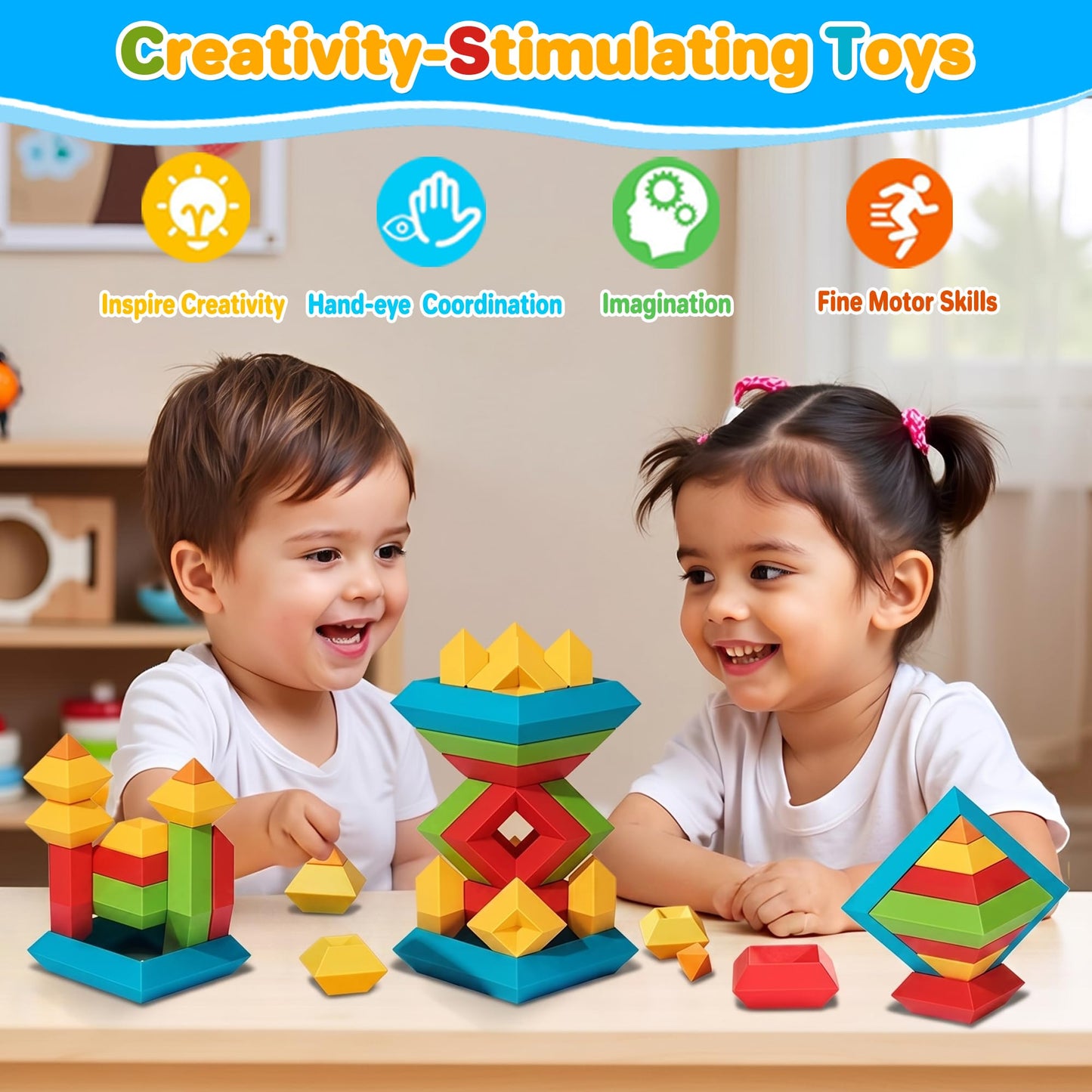 WSKC 64 PCS Building Block for Toddlers, Sorting & Stacking Toys, Montessori Toys for 3 Year Old, Stacking Blocks for Kids Ages 3 4 5 6