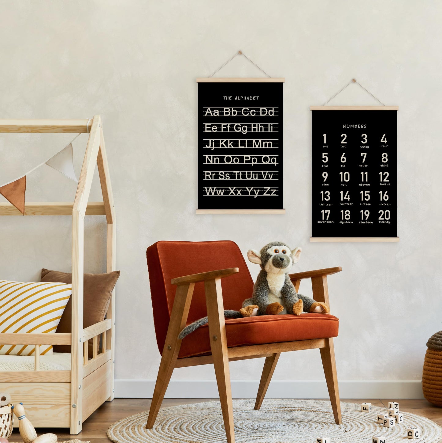 HRQKO Black Alphabet Numbers Poster Hanger Frame Set of 2, Nursery Wall Decor, ABC Poster Wall Art with Wooden Frames, Alphabet Banner Wall Hanging Decor for Playroom Boy Toddler Room, 16x24 inch