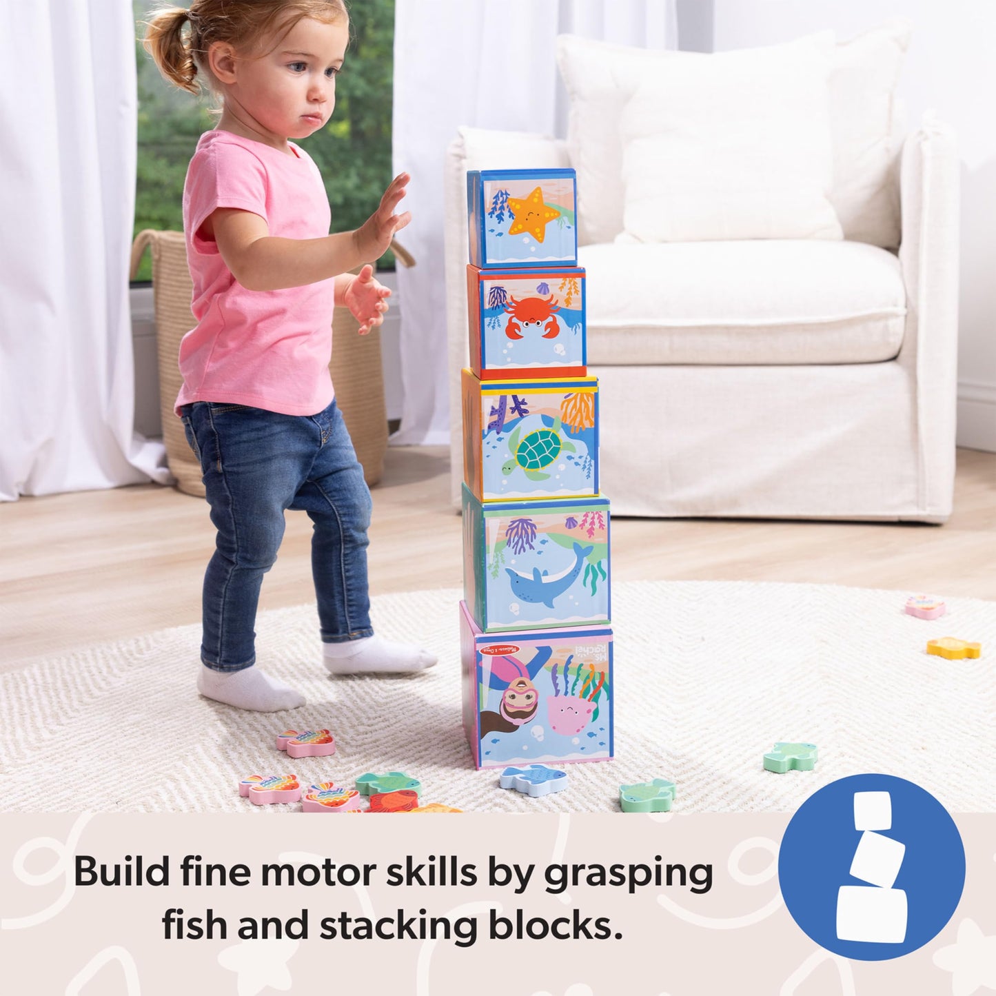 Melissa & Doug® Ms. Rachel™ Sort and Count Nesting and Stacking Blocks with Wooden Fish Preschool Learning Toy for Boys, Girls - FSC Certified