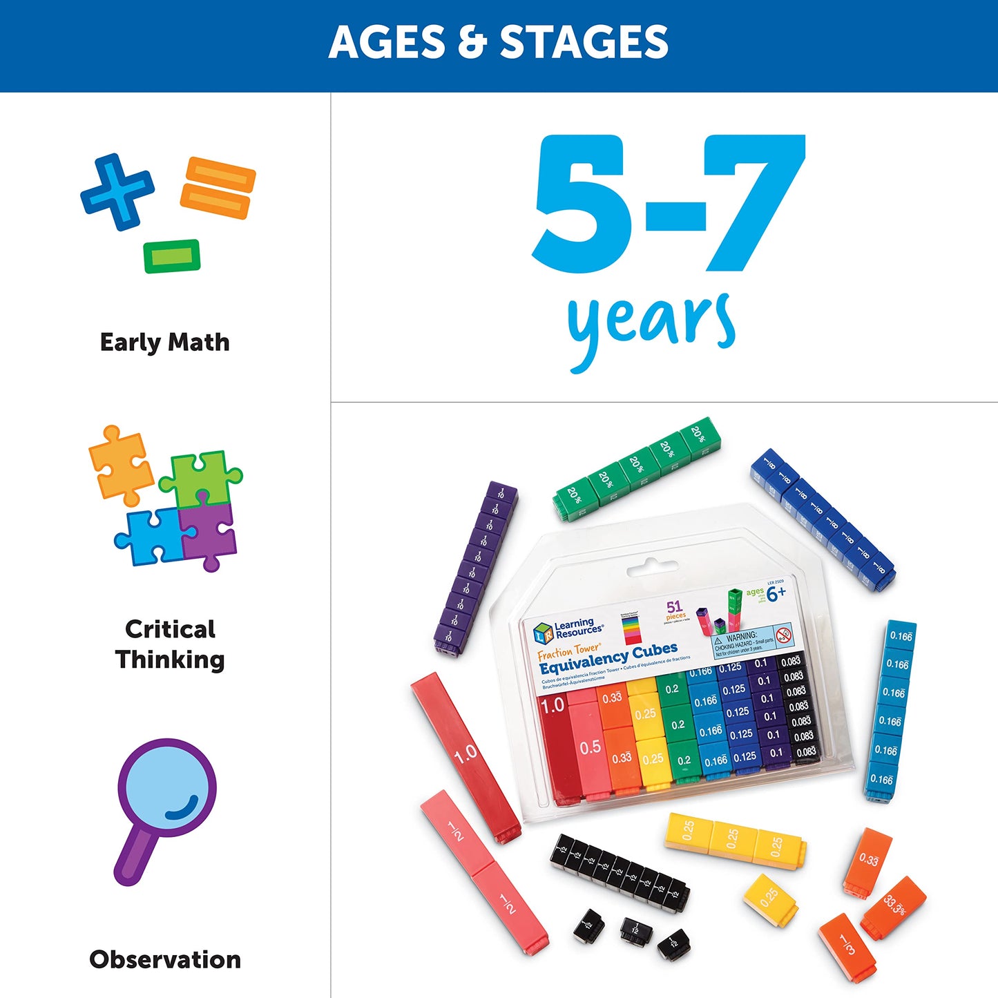 Learning Resources Fraction Tower Equivalency Cubes - 51 Pieces, Ages 6+ Math Toys for Kids, Classroom and Homeschool Accessories, Fractions for Kids