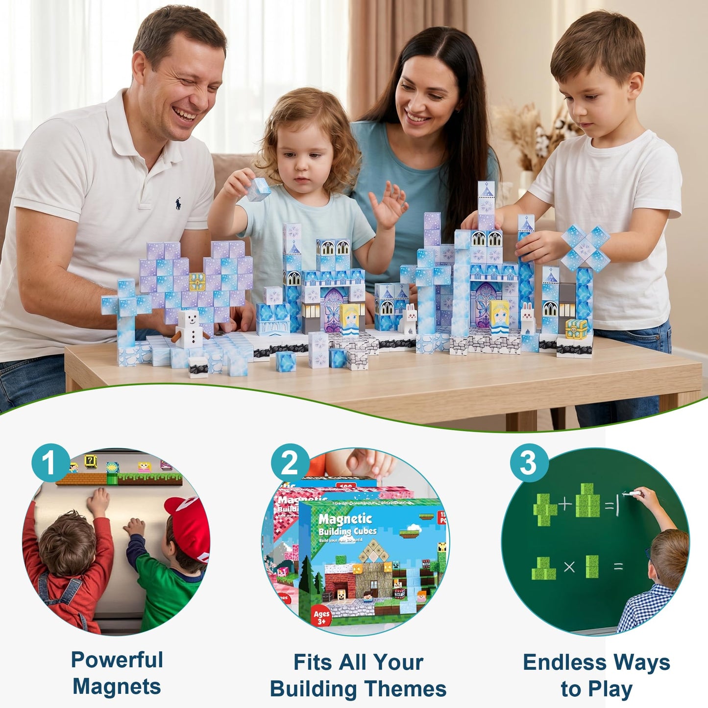 Fitrobust 200 Pack Magnetic Blocks for Kids, STEM Construction Toys with Forest Theme | Creative Educational Games for Ages 3, 4, 5, 6, 7, 8, 9, 10 | Ideal Birthday for Boys & Girls (ICE, Count, 200)