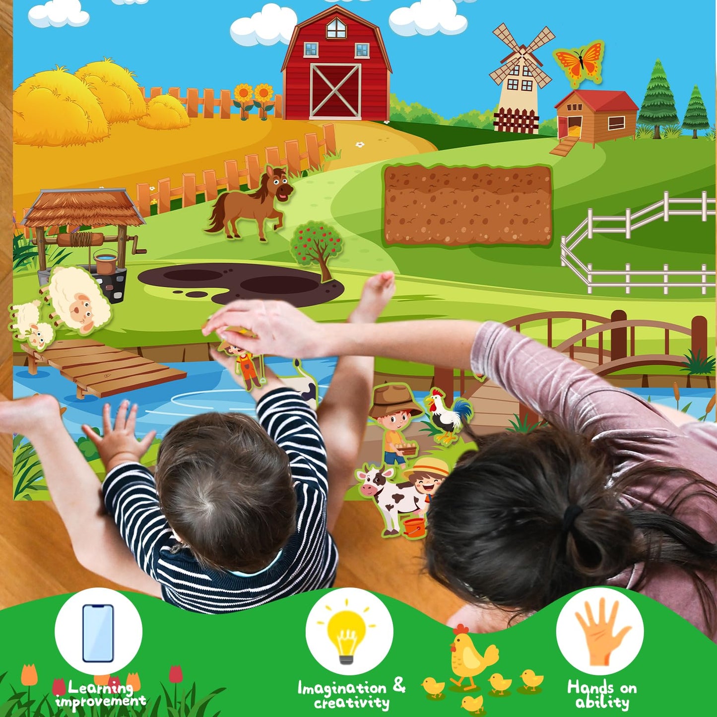 Foilswirl Farm Animals Felt Story Board Set 48pcs 47× 35 Inch Interactive Montessori Birthday Gift Board for Toddlers Storytelling Flannel Early Learning Hanging for Kids Children