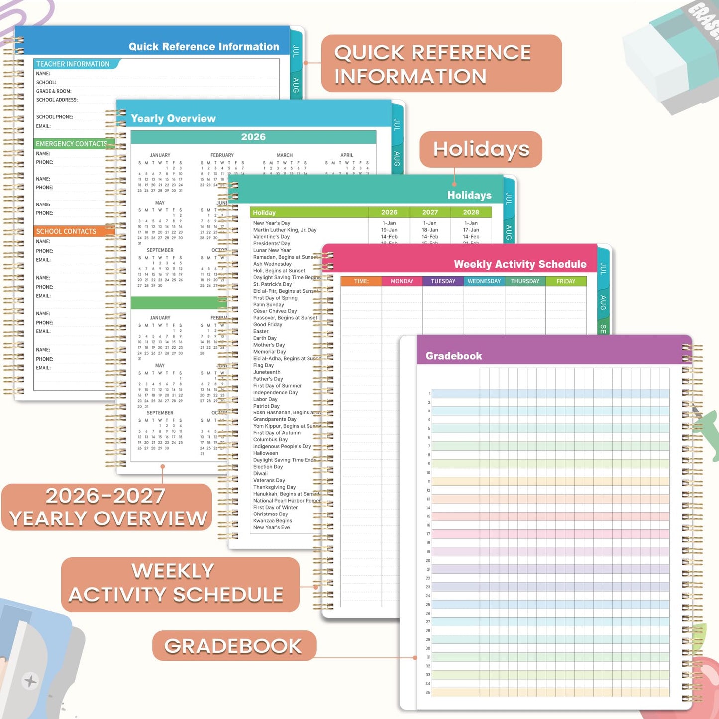 Teacher Planner 2026-2027 - Academic Planner Teacher Lesson Planner 2026-2027, July 2026 - June 2027, 8.5" x 11", Lesson Plan Book, Weekly & Monthly Lesson Calendar with with Colorful Laminated Tabs, Quotes, Inner Pocket