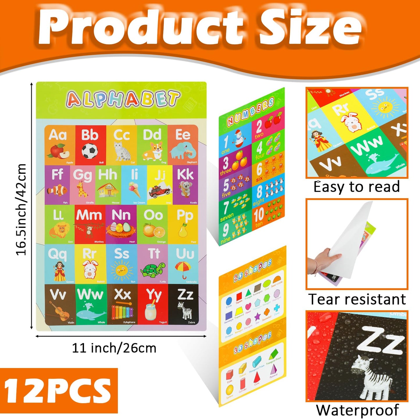 Educational Posters for Elementary Preschool Kindergarten Classroom Learning, Preschool Learning Posters for ABC Alphabet, Time, Number, Months, Colors, Weather, Galaxies , Animals, More, 16.5x11 Inch (16P)
