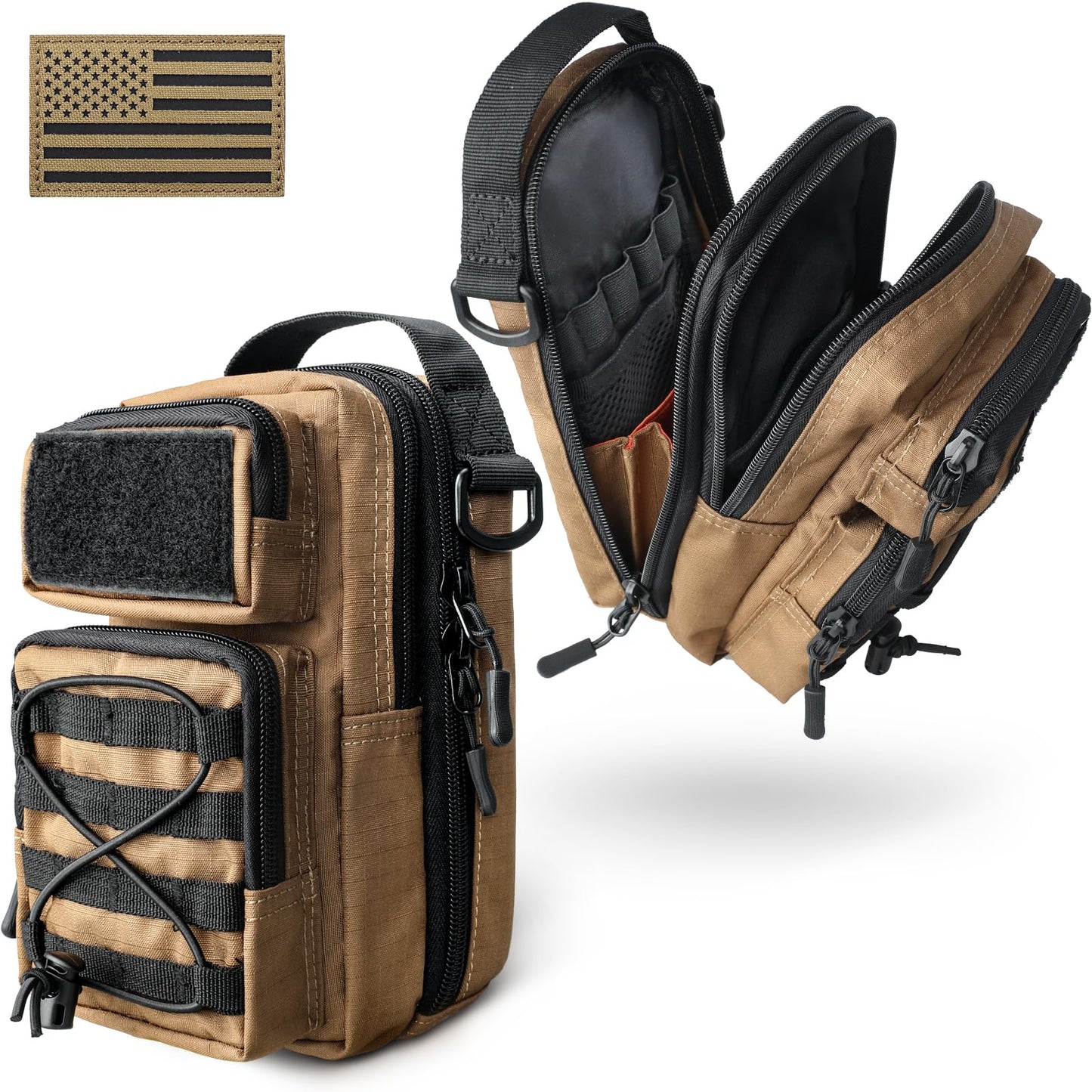 RXW Large Capacity Pencil Pouch for Boys, Tactical EDC Zippered Pencil Bag, Small Tool Pouch for Adults (includes US Flag Patch + 2 MOLLE Straps) (Coyote Brown)