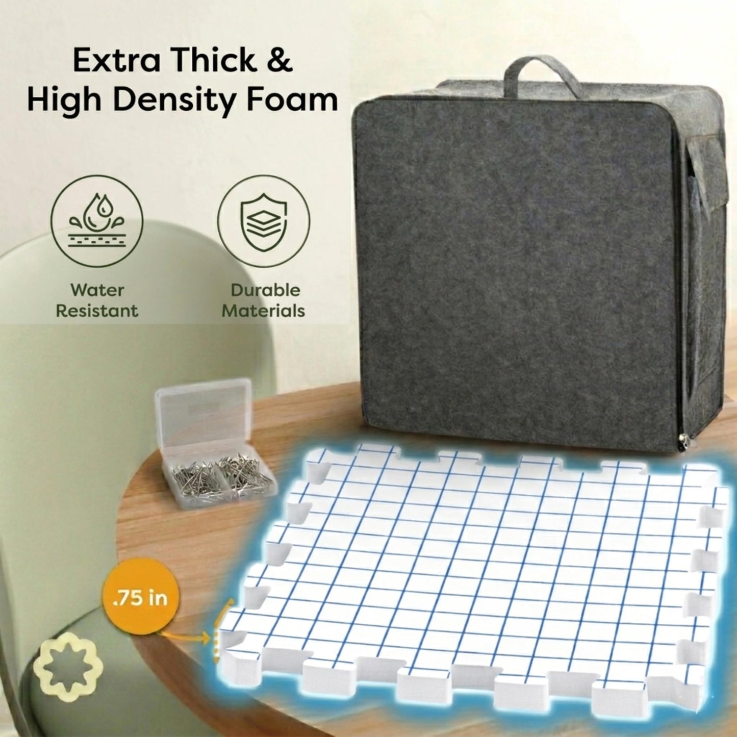Unordinary Granny Crochet Blocking Board Set – 9 Extra Thick Interlocking Mats with Grid, 150 T-Pins, Felt Storage Bag and Cotton Pouch (Soft White)