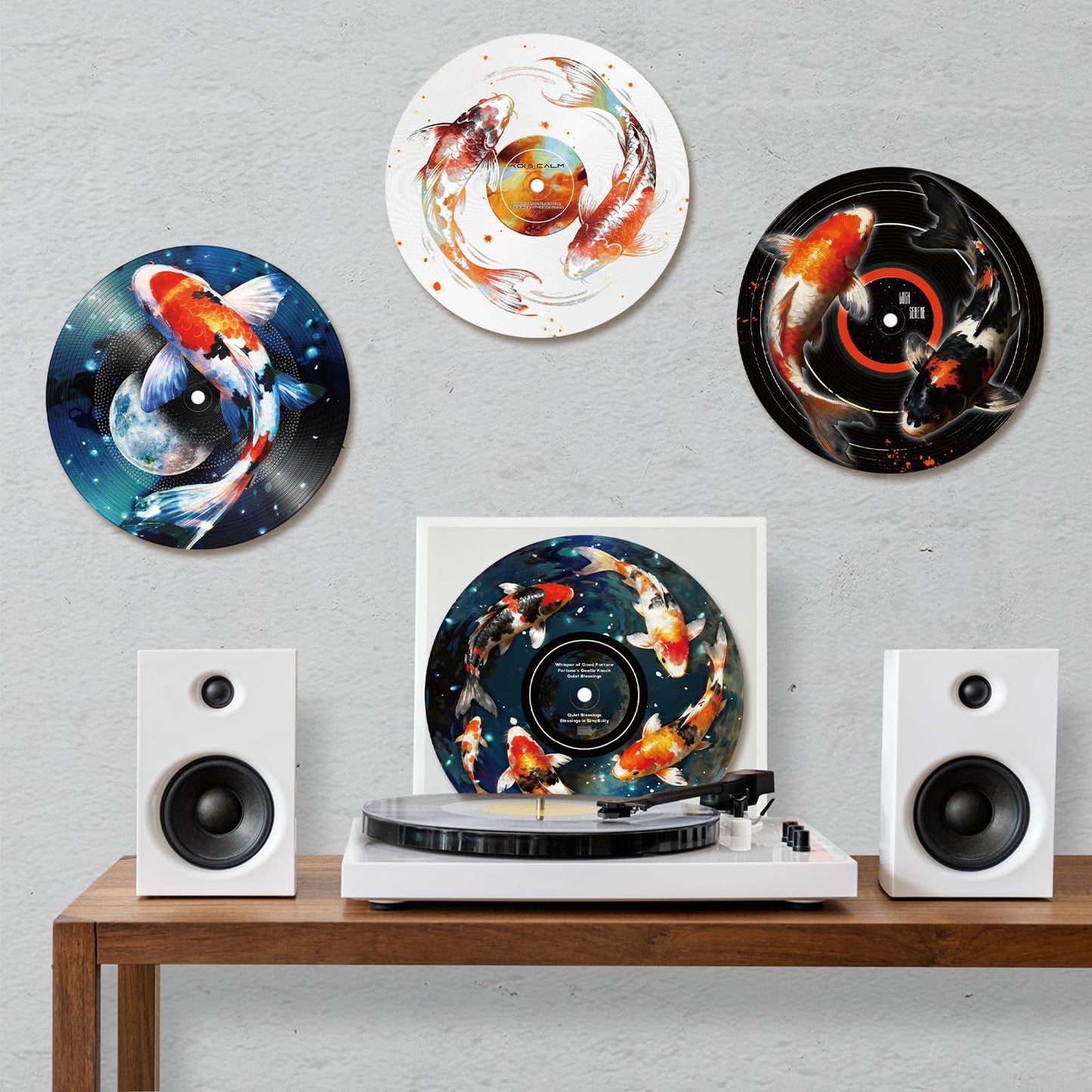 DOODLREAM 4PCS Koi Fish Vinyl Record Wall Decor 12" Hippy Koi Wall Art Posters for Room Aesthetic, Retro Record Decor for Music Party Studio Living Room DIY Craft Project
