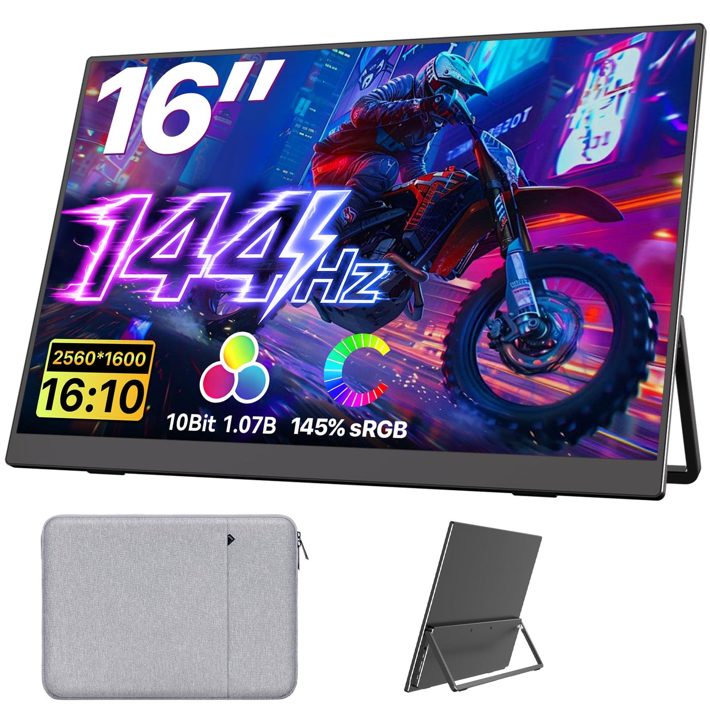 Upperizon Portable Monitor 16 inch 2K QHD 2560X1600 145% sRGB, 144Hz USB-C, 120Hz HDMI, Travel Monitor for Laptop MacBook PC Surface PS5 Xbox, External Display with Kickstand & Speaker VESA Compatible