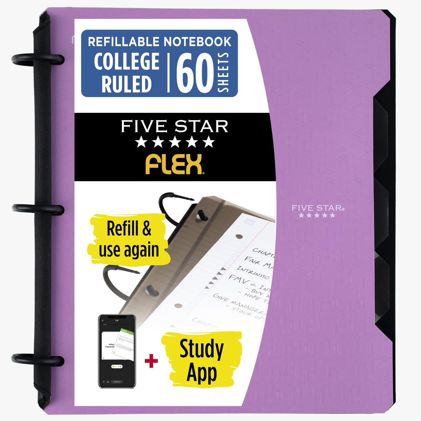 Five Star Flex Refillable Notebook + Study App 1 Inch O-Rings Binder with Pockets Tabs and Dividers, 220 Sheet Capacity, Includes 60 Sheets 8.5" x 11" College Ruled Paper, Amethyst (29328AB6)