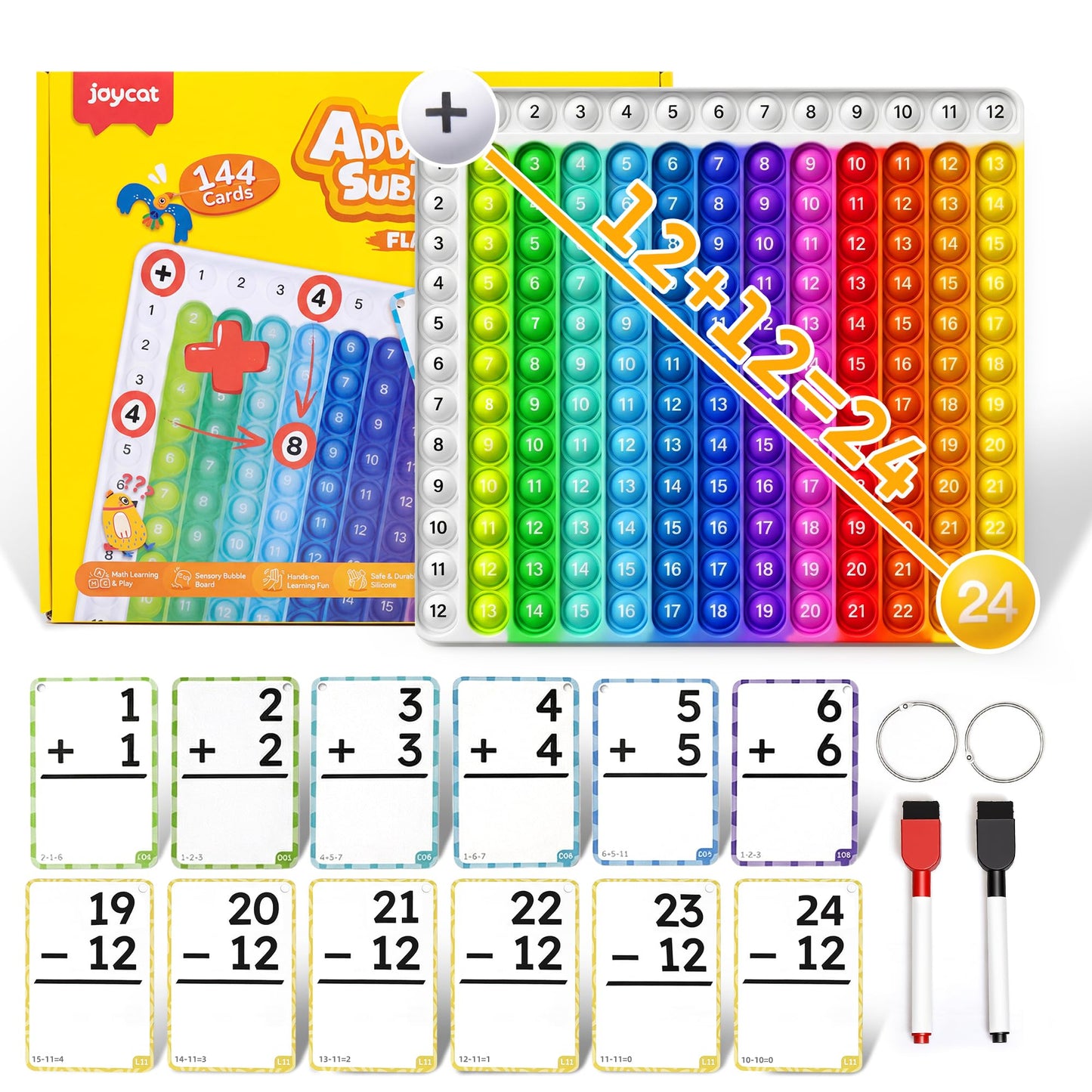 JoyCat Addition and Subtraction Flash Cards with Pop Math Board, 144 Math Flashcards for Kids Ages 4-8, Homeschool Kindergarten 1st 2nd Grade Math Manipulatives with Workbook, Markers, Rings & Bag