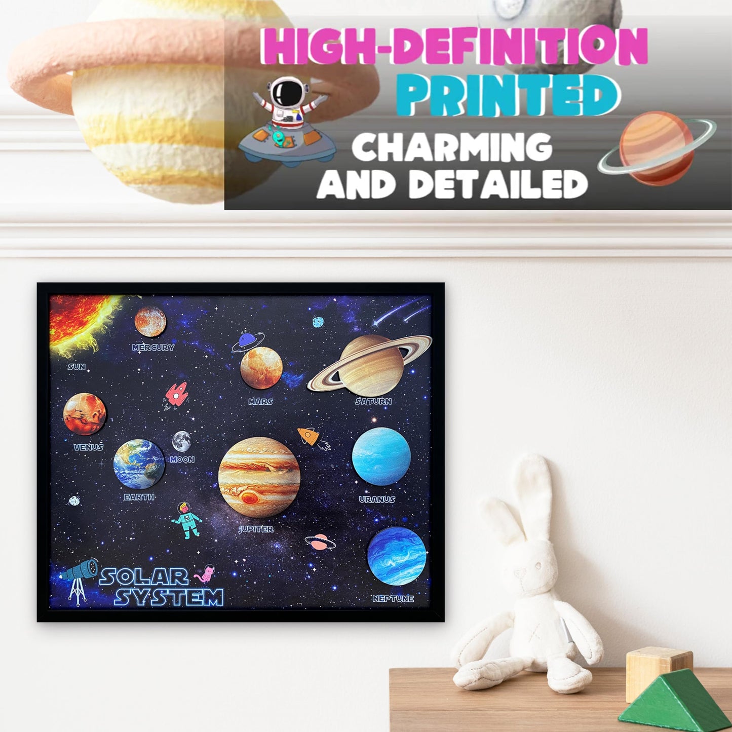 flinelife Wooden Solar System Wall Art Decor, 12x10, Perfect for Homeschool Classroom, Nursery, Kids Playroom Decor