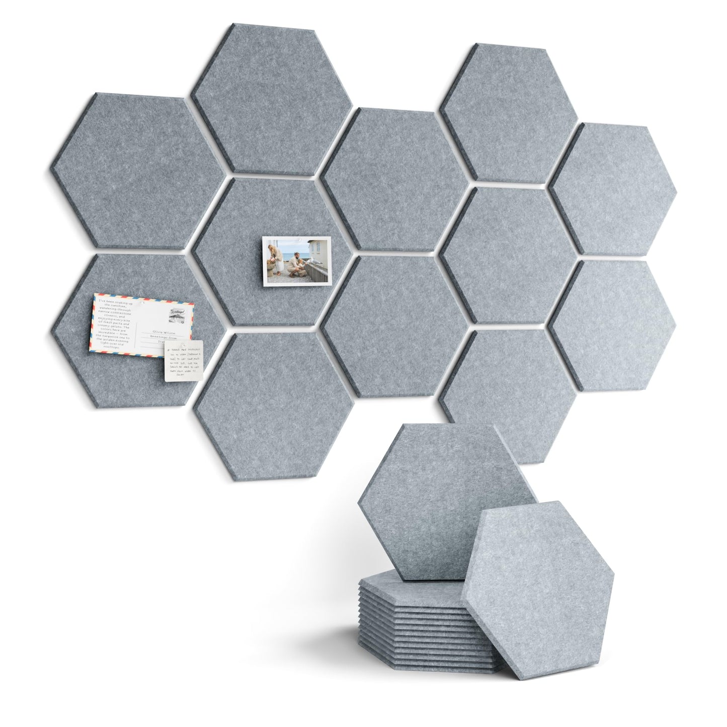 Fluxynara Hexagon Cork Board Alternative for Walls Decor-12-Pack Felt Bulletin Board Tiles,with 30 Pushpins,70 Adhesive Tabs for Office,Classrooms & Home Pin Board Felt Board-Blue Gray