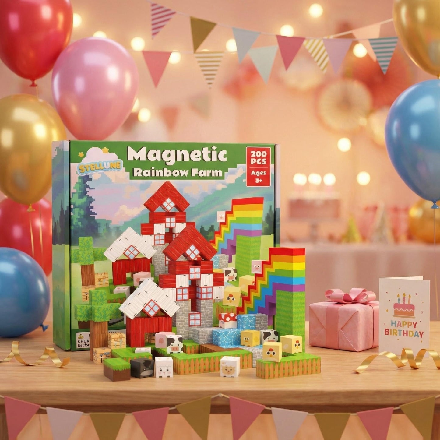 STELLUNE 200PCS Magnetic Blocks with 3 Light Up Pieces, Rainbow Farm Pals Magnetic Building Cubes, STEM Educational Toys for Kids Ages 3+, Ideal Gift for Boys Girls