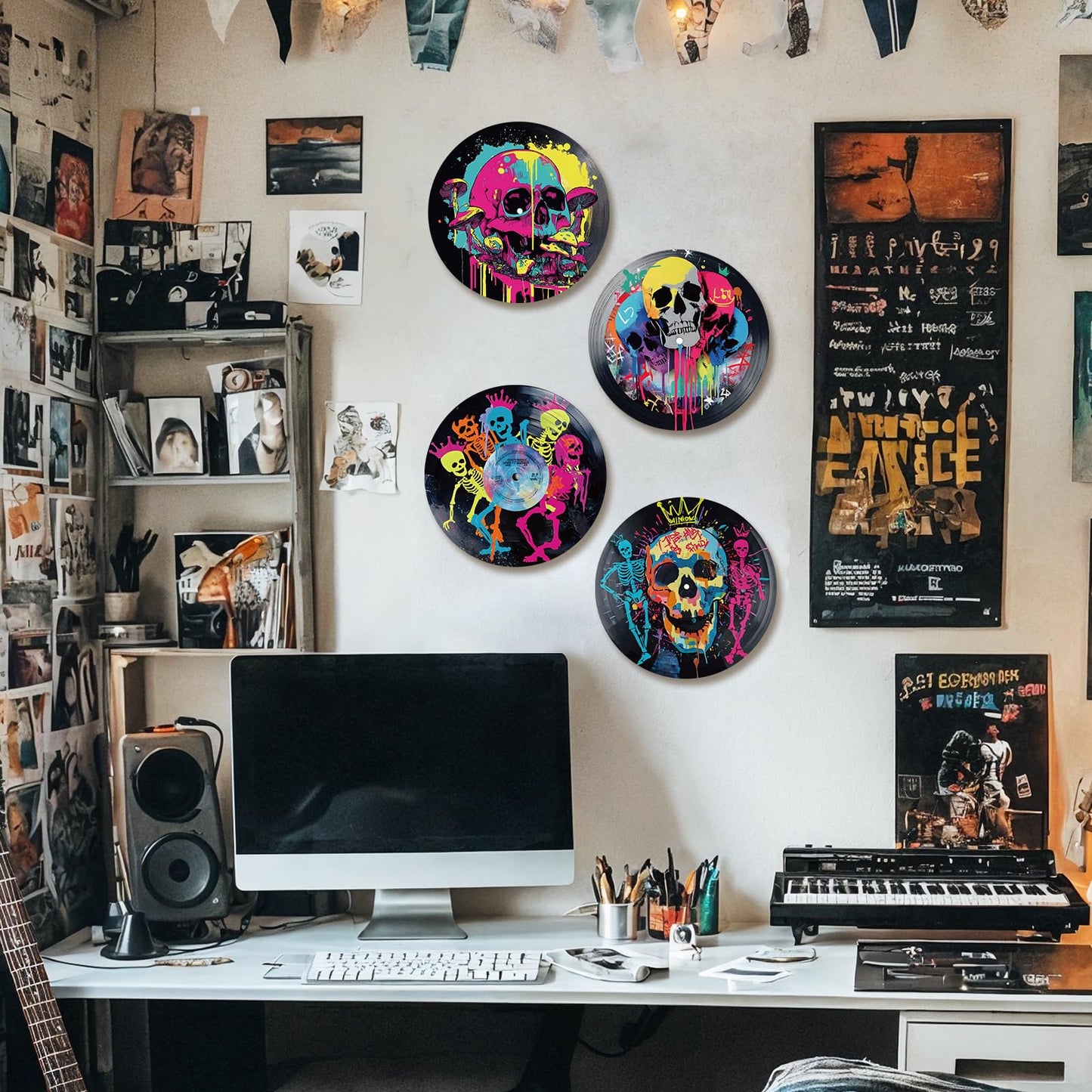 DOODLREAM 4PCS Graffiti Skull Vinyl Record Wall Decor 12" Hippy Halloween Skeleton Wall Art Posters for Room Aesthetic, Retro Record Decor for Music Party Studio Living Room DIY Craft Project