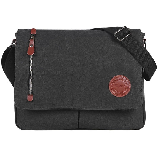 Mactso Vintage Canvas Messenger Bag for Men Women, 13.5 Inch Laptop Satchel Shoulder Bag with Multiple Pockets, Crossbody Bag for Work Travel College (Black)