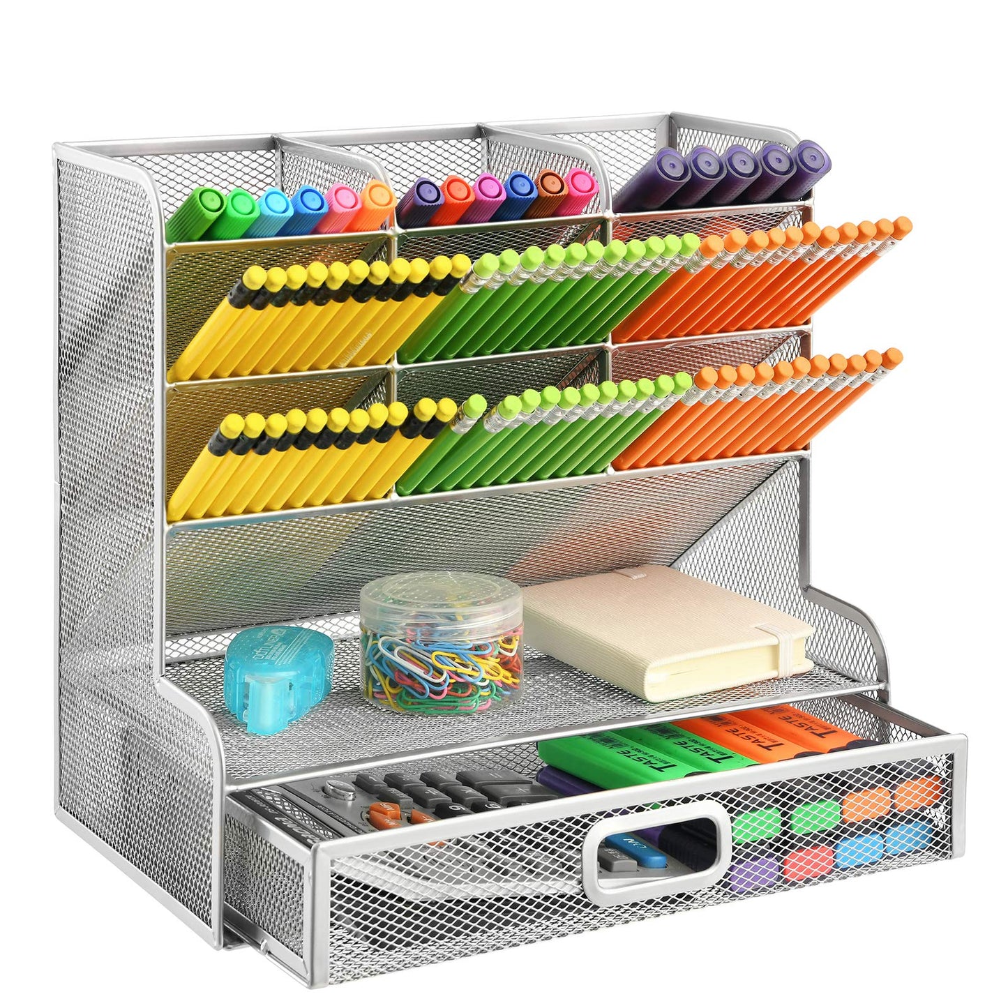 Marbrasse Larger Mesh Desk Organizer with Drawer, Multi-Functional Pen Pencil Holder, Desk Organizers and Accessories for Office Art Supplies (Silver Mesh Pen Holder with Drawer)