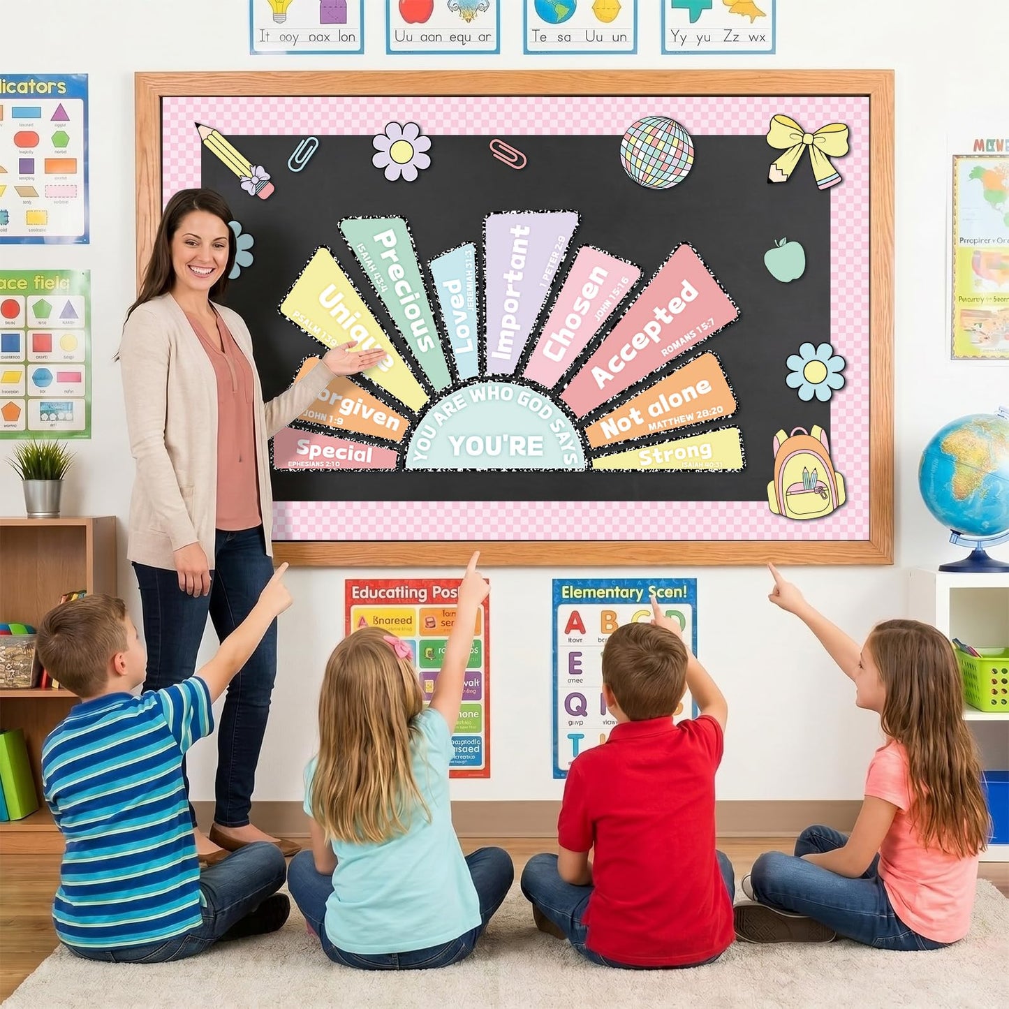 Gueevin 52 Pcs Christian Bulletin Board Decoration Set Composition Pastel Checkerboard Classroom Paper Cutouts Religious Bible Inspirational Bulletin Board for Back to School Sunday School Home Church
