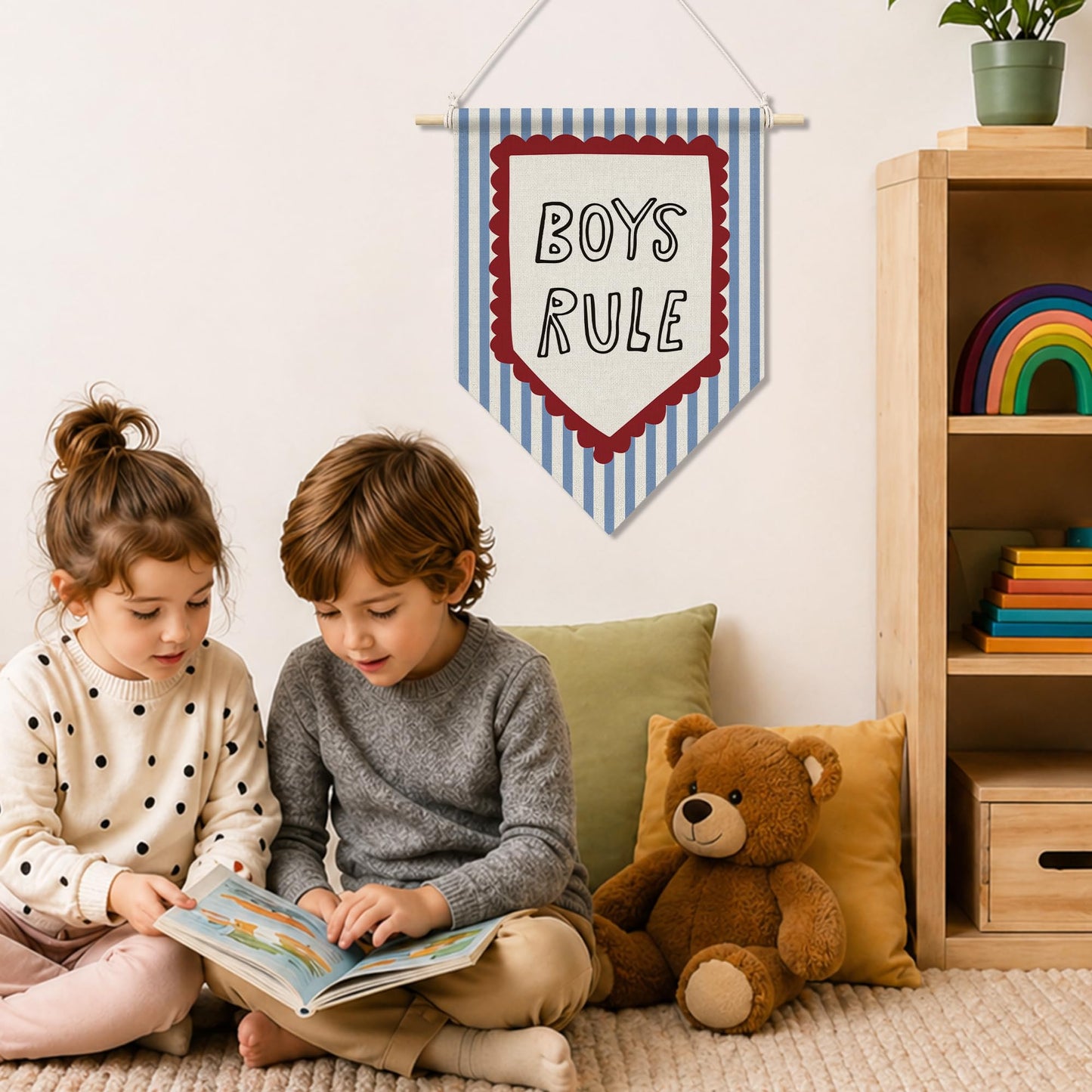 RUKUPA Boy Nursery Wall Art Decor, Kids Playroom Hanging Pennant Flag, Boys Rule Blue Striped Wall Art Poster Hanger for Kids Boy Nursery Toddler Room Bedroom Playroom Decor, 11x15 Inch