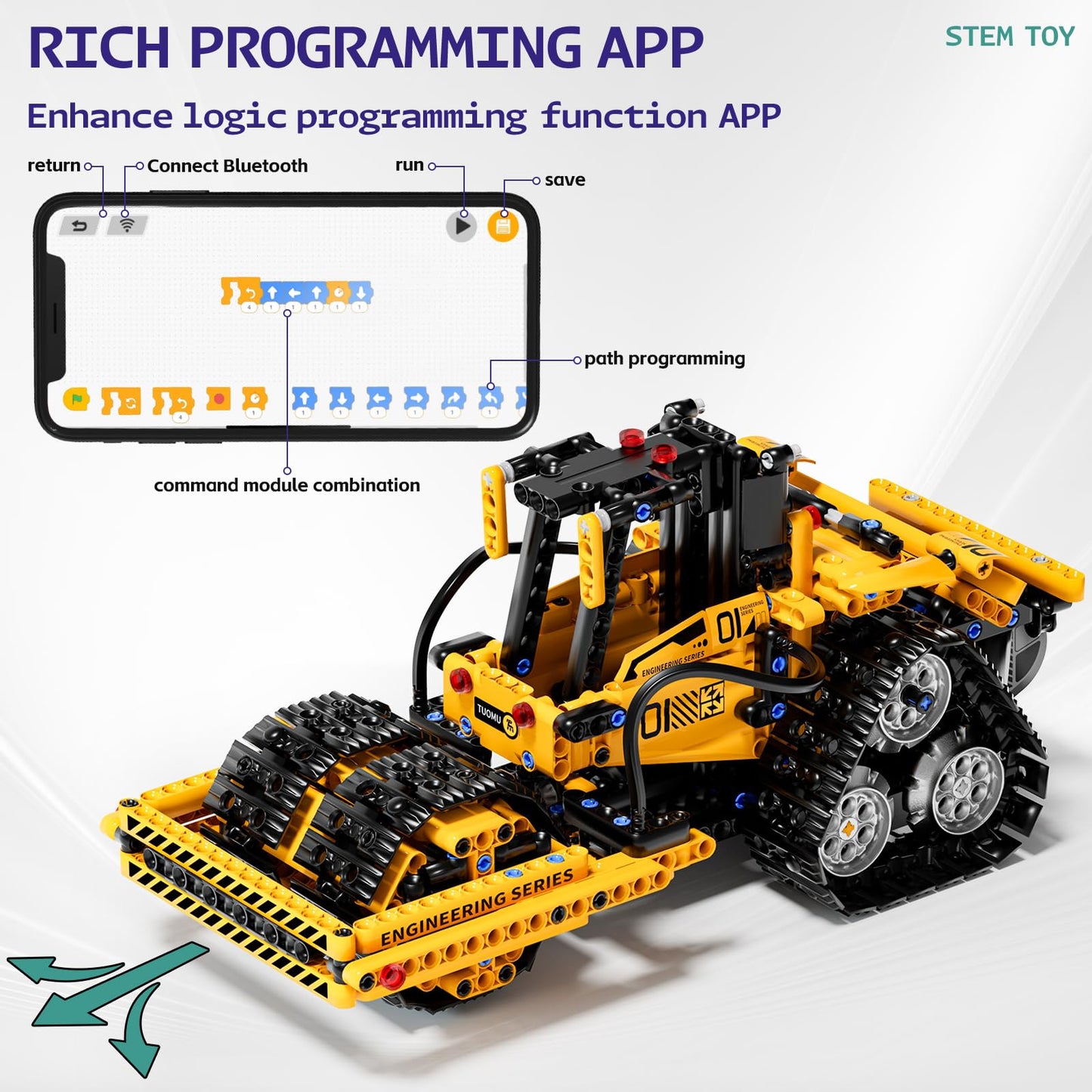 DOLIVE 5 in 1 STEM Building Block Set, App & Remote Control Construction Vehicle Kit, DIY Excavator Crane Truck Bulldozer Roller, Educational Birthday Gift for Kids 8-14 Years Old