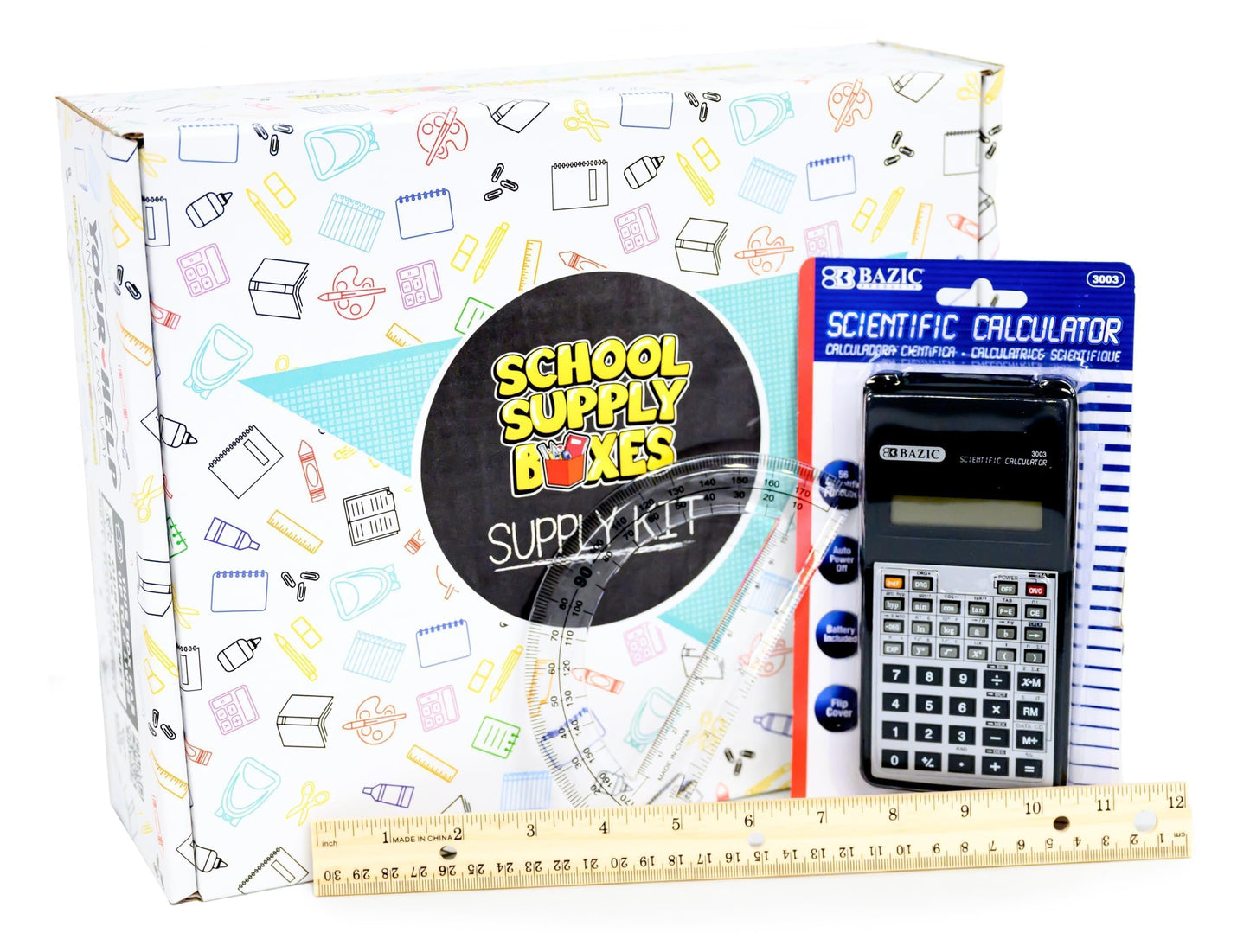 School Supply Boxes | STEM Class Bundle (1 Box) | Back to School Essentials Kit for Students & Teachers | Includes a Calculator, Graph Ruled Filler Paper, a Protractor, & More