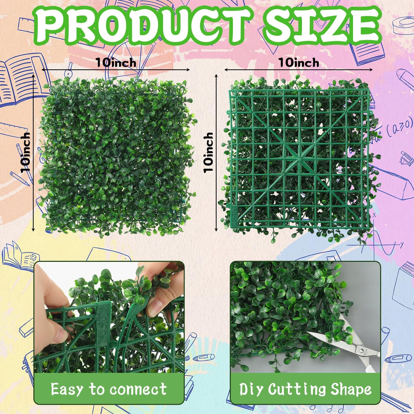 Vivasself 12pcs Artificial Grass Wall Panels for Classroom 10'' x 10'' Boxwood Green Panels Grass Wall Backdrop Faux Garden Greenery Patch UV Protected Back to School Blackboard Decor Indoor Outdoor
