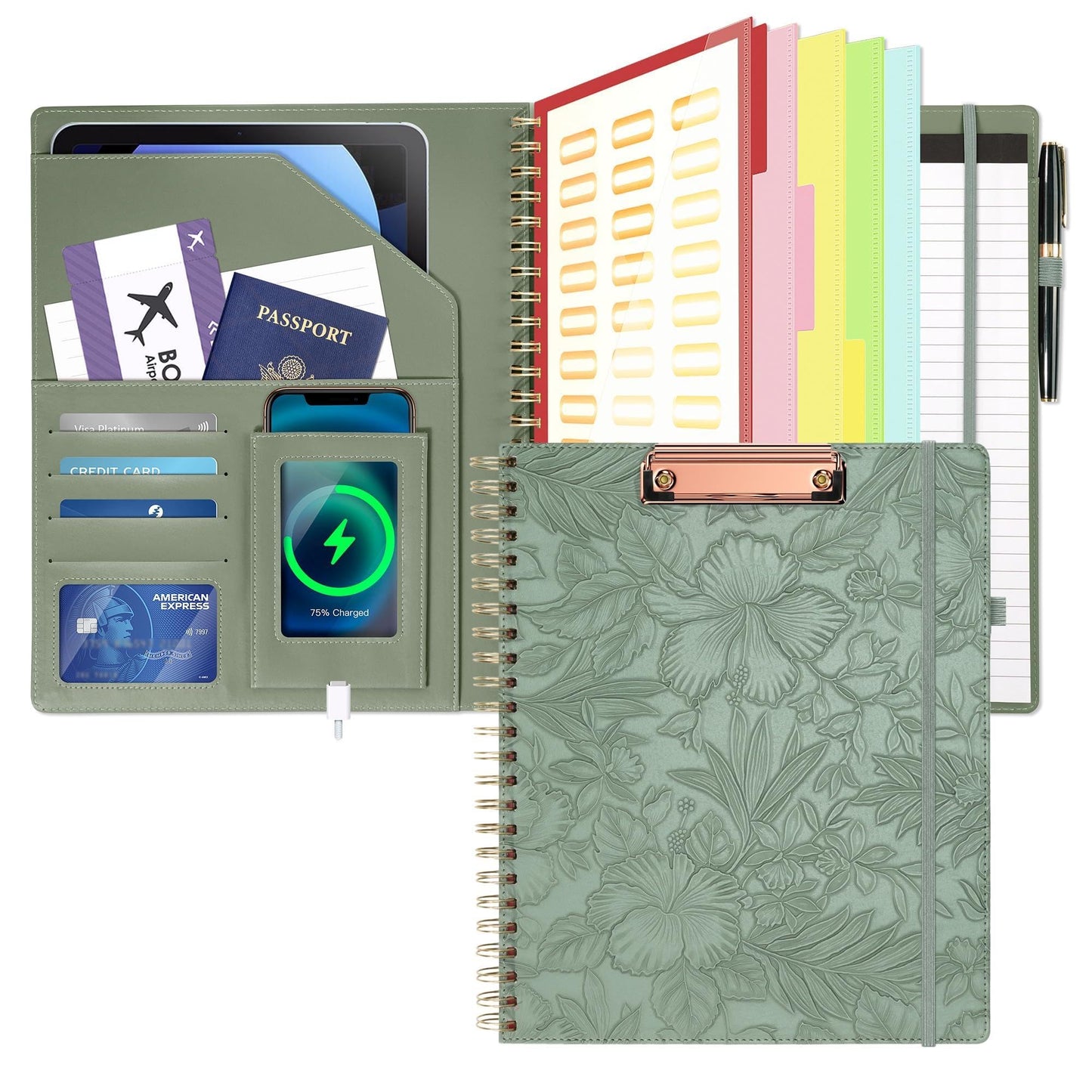 Clipboard with Storage for Men Women, Leather Padfolio Portfolio Organizer 5 Folders with 10 Pockets, Spiral Clipboard Folio with Notepad for Letter Size, Elastic Closure and Pen Loop Green Floral
