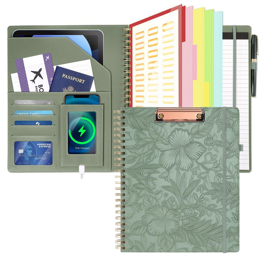 Clipboard with Storage for Men Women, Leather Padfolio Portfolio Organizer 5 Folders with 10 Pockets, Spiral Clipboard Folio with Notepad for Letter Size, Elastic Closure and Pen Loop Green Floral