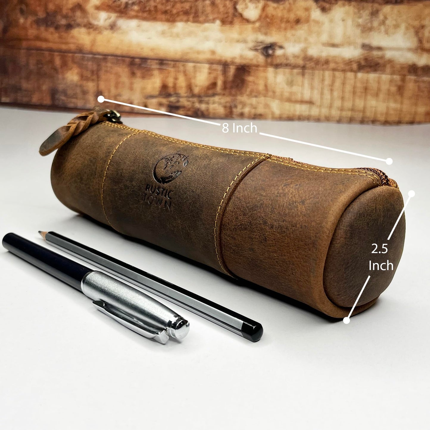 Rustic Town Leather Pencil Case - Full Grain Leather Zippered Pen Pouch - Stationery Bag Pen Holder for Work & Office, Brown, M, Pc200505flr-tan