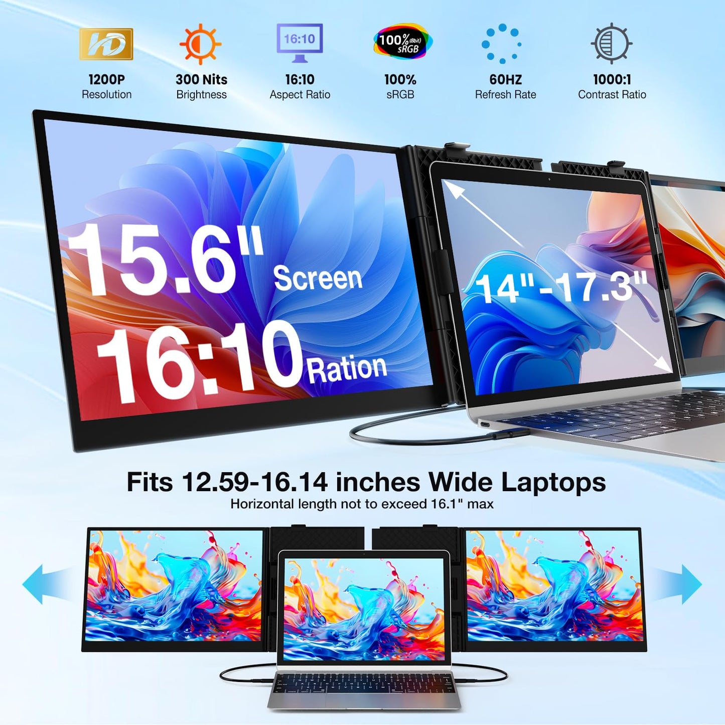 Laptop Screen Extender, Ultra-Thin 15.6" FHD 1200P 16:10 Portable Monitor for Laptop, Lightweight Travel Monitor Extender Plug & Play for 14.2"-17.3" Laptops, Compatible with Wins/Mac/Android/Chrome