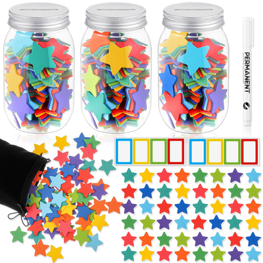 Roowest Star Reward Jar for Kid 3 Pcs Coin Jars for Behavior Tokens 200 Pcs Stars 8 Pcs Name Tags Classroom Reward System for Kids Back to School Incentive Good Behavior Training (10 Colors)